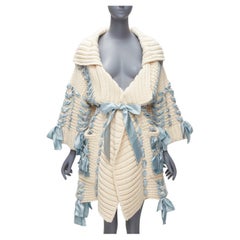 rare CHRISTIAN DIOR John Galliano 2010 Runway blue ribbon beige cardigan coat XS