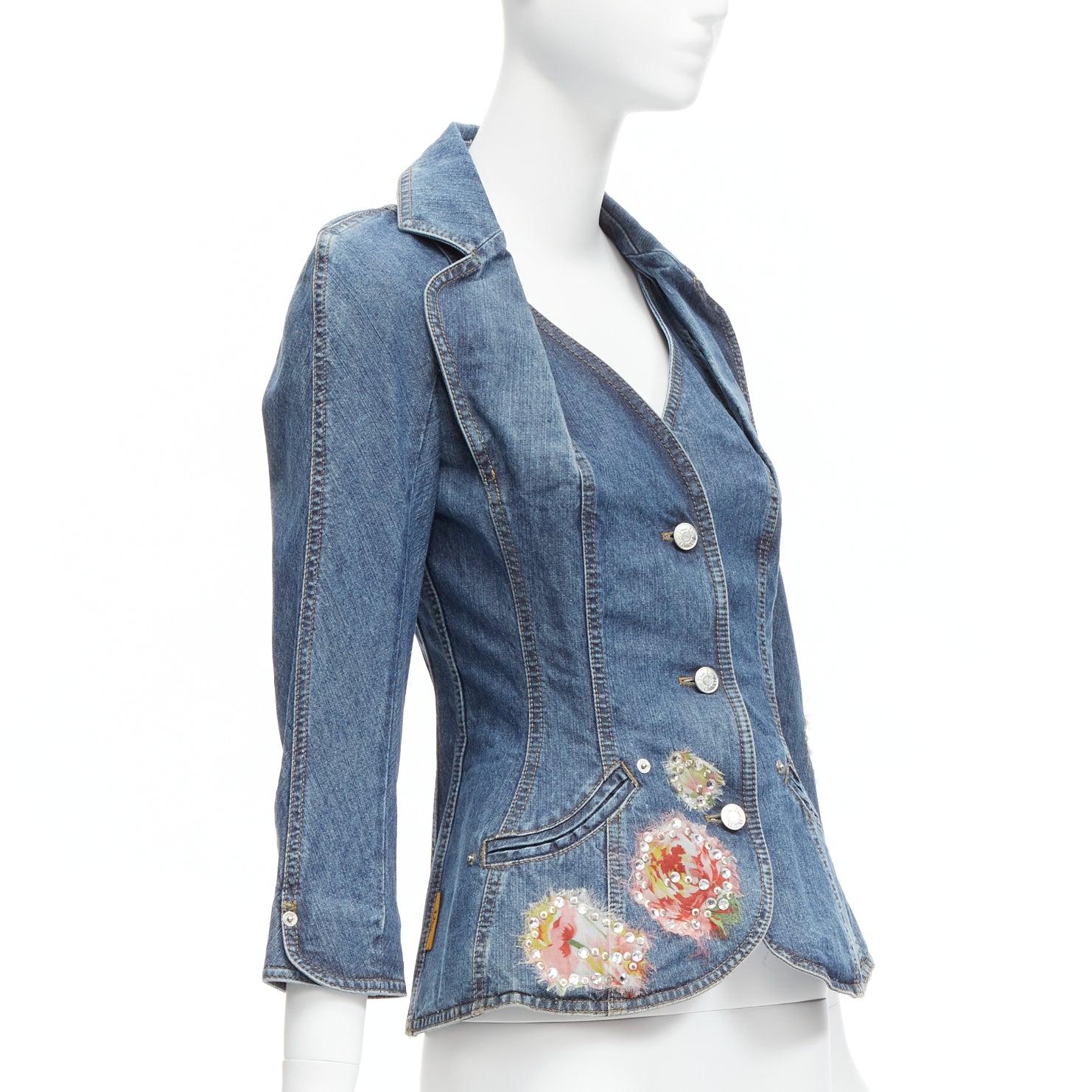 rare CHRISTIAN DIOR JOHN GALLIANO Vintage denim crystal floral jacket FR40 L In Excellent Condition In Hong Kong, NT