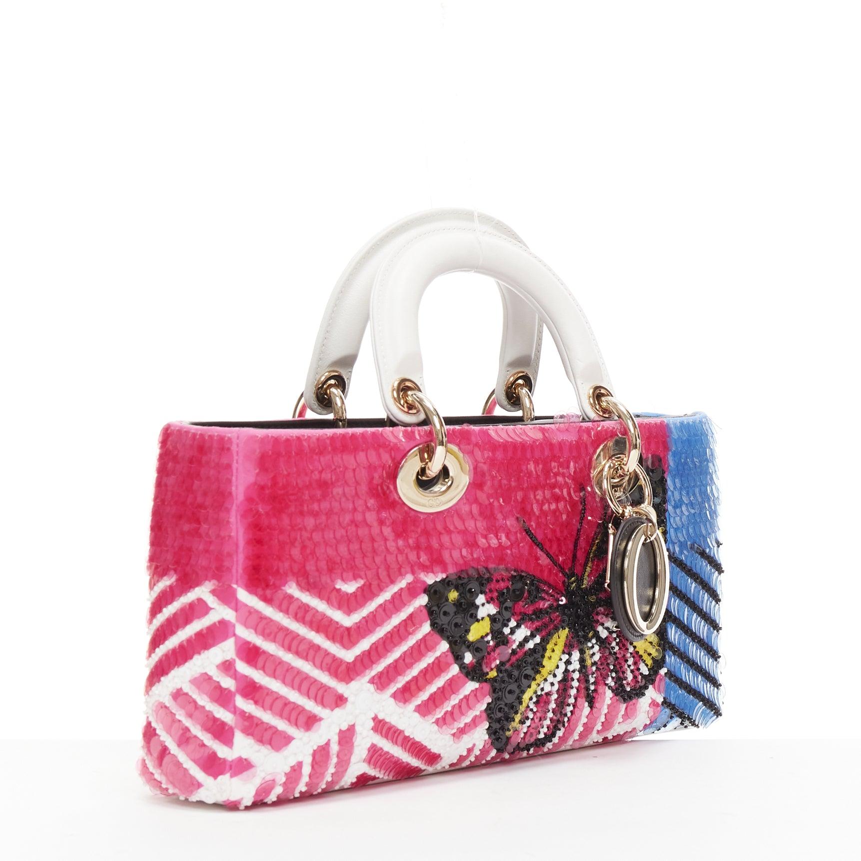 Beige rare CHRISTIAN DIOR Lady D-joy Runway pink blue butterfly sequins crossbody bag For Sale