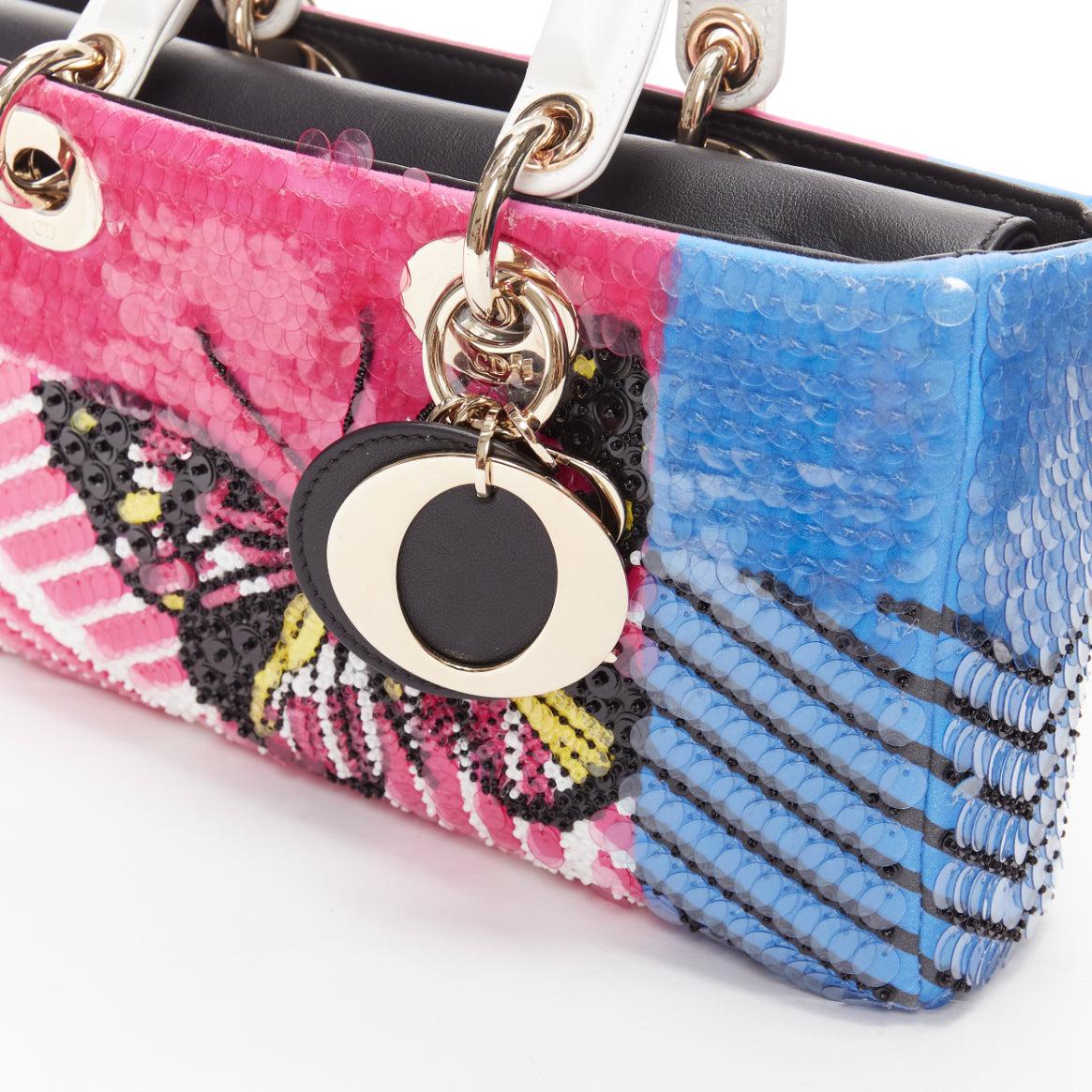 rare CHRISTIAN DIOR Lady D-joy Runway pink blue butterfly sequins crossbody bag For Sale 2