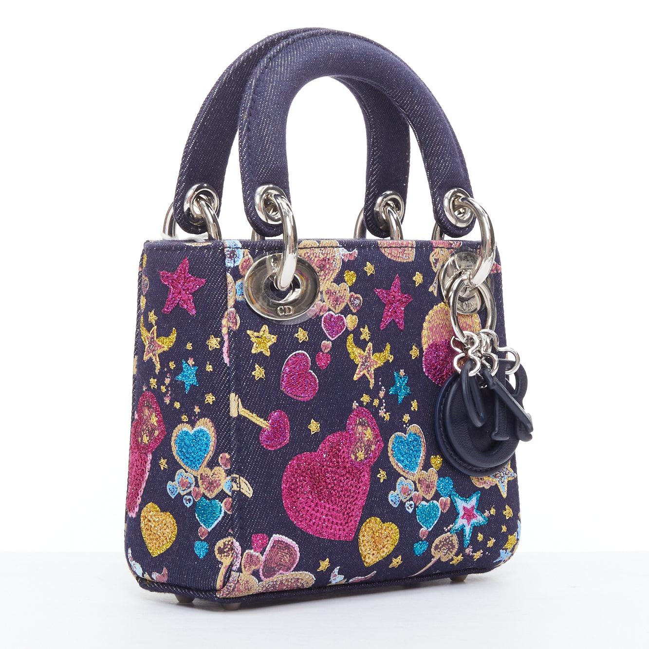 Black rare CHRISTIAN DIOR Lady Dior Limited edition nano blue denim heart tote bag