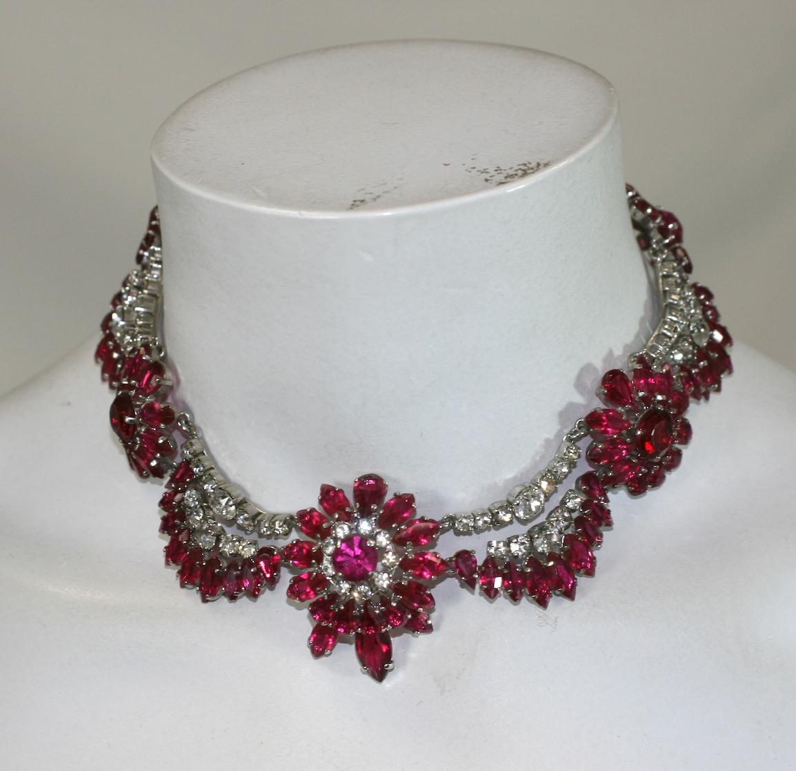 Rare Christian Dior Ruby and Crystal Floral Swag Parure, YSL 1959 For Sale 4