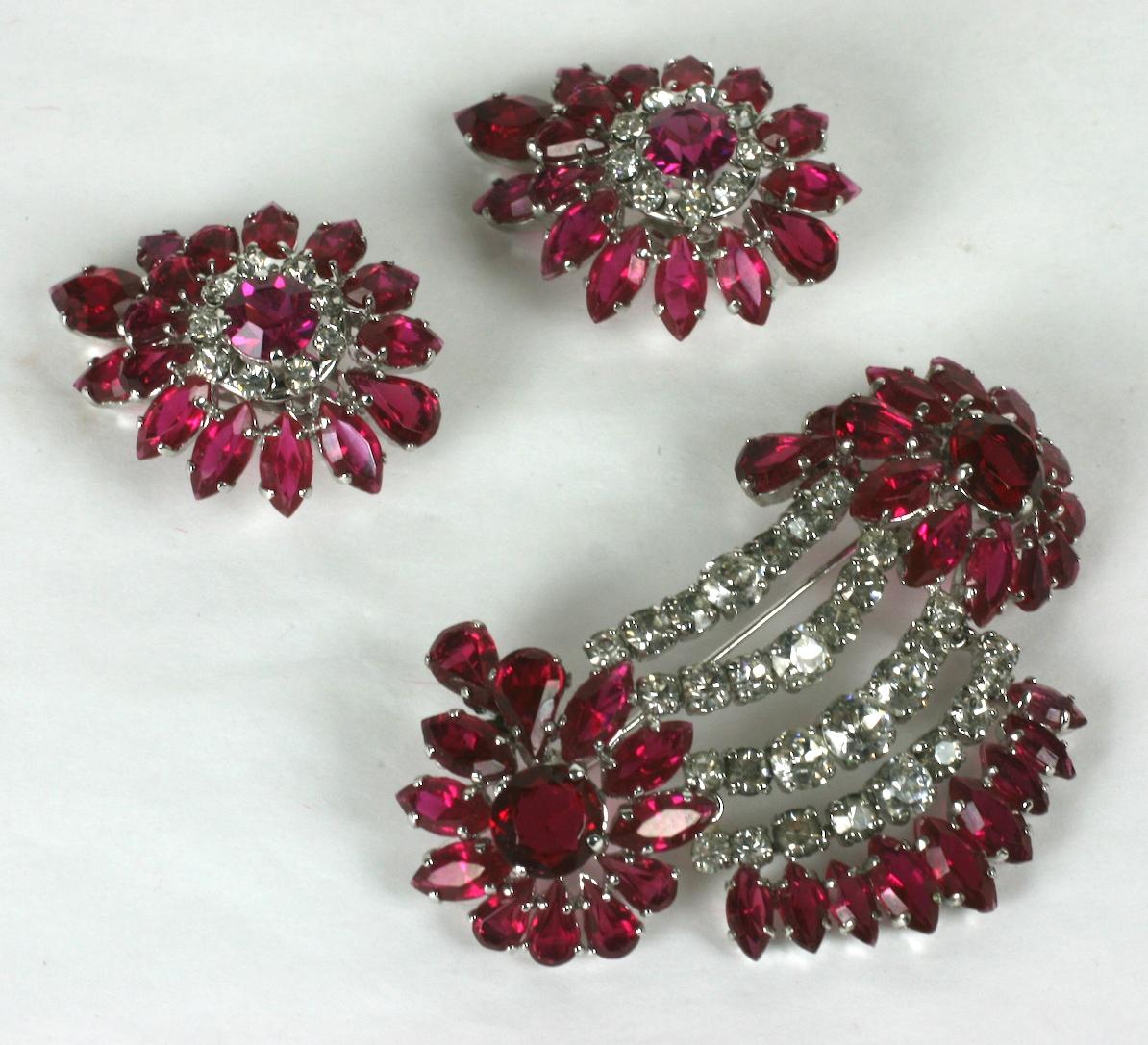 Rococo Rare Christian Dior Ruby and Crystal Floral Swag Parure, YSL 1959 For Sale