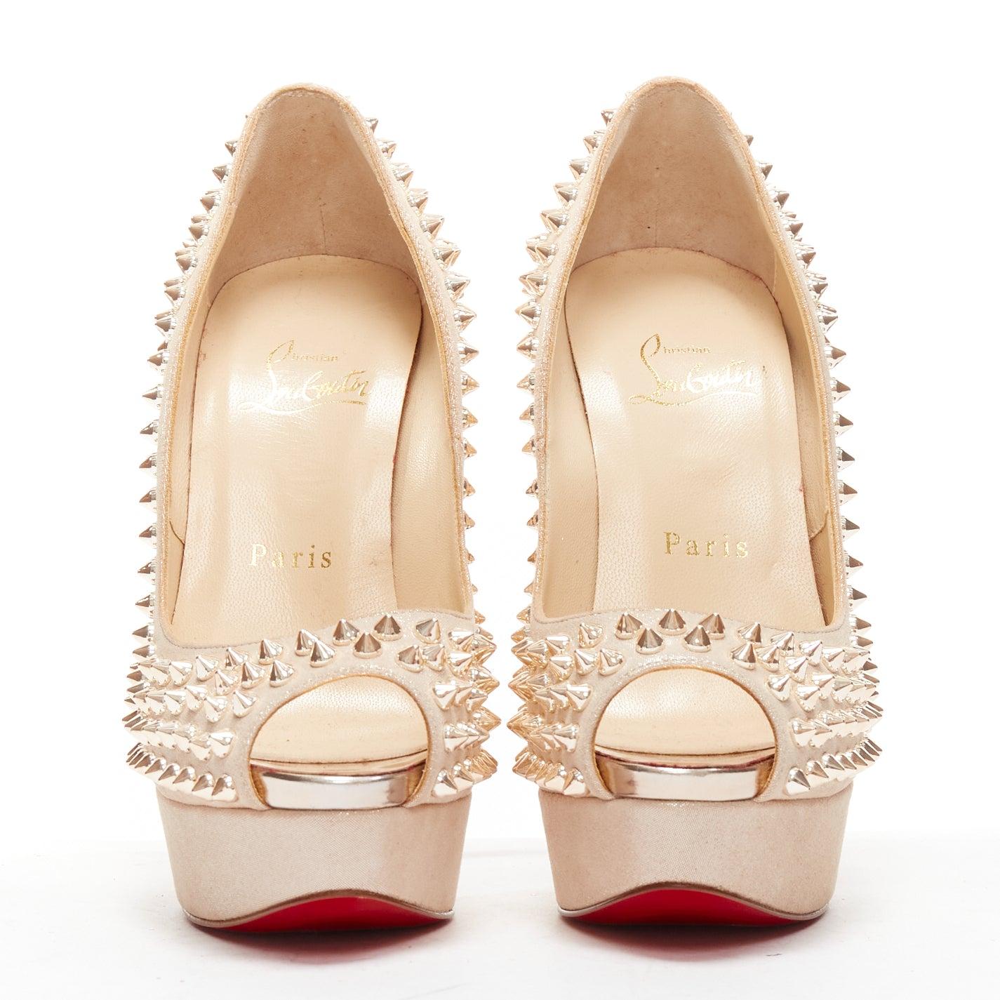 rare CHRISTIAN LOUBOUTIN Fetish Lady Peep 150 gold spike platform pump EU36.5 In Excellent Condition For Sale In Hong Kong, NT