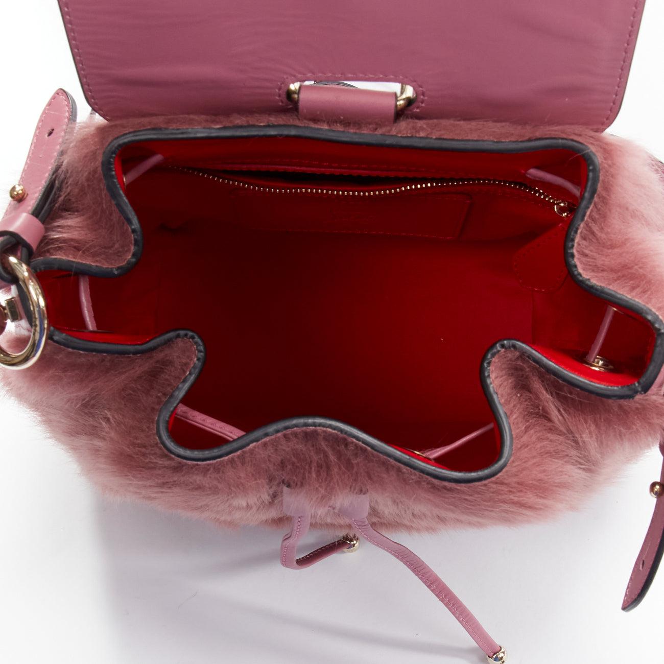 rare CHRISTIAN LOUBOUTIN Luckyl pink lamb fur 2 way shoulder bucket bag backpack For Sale 5