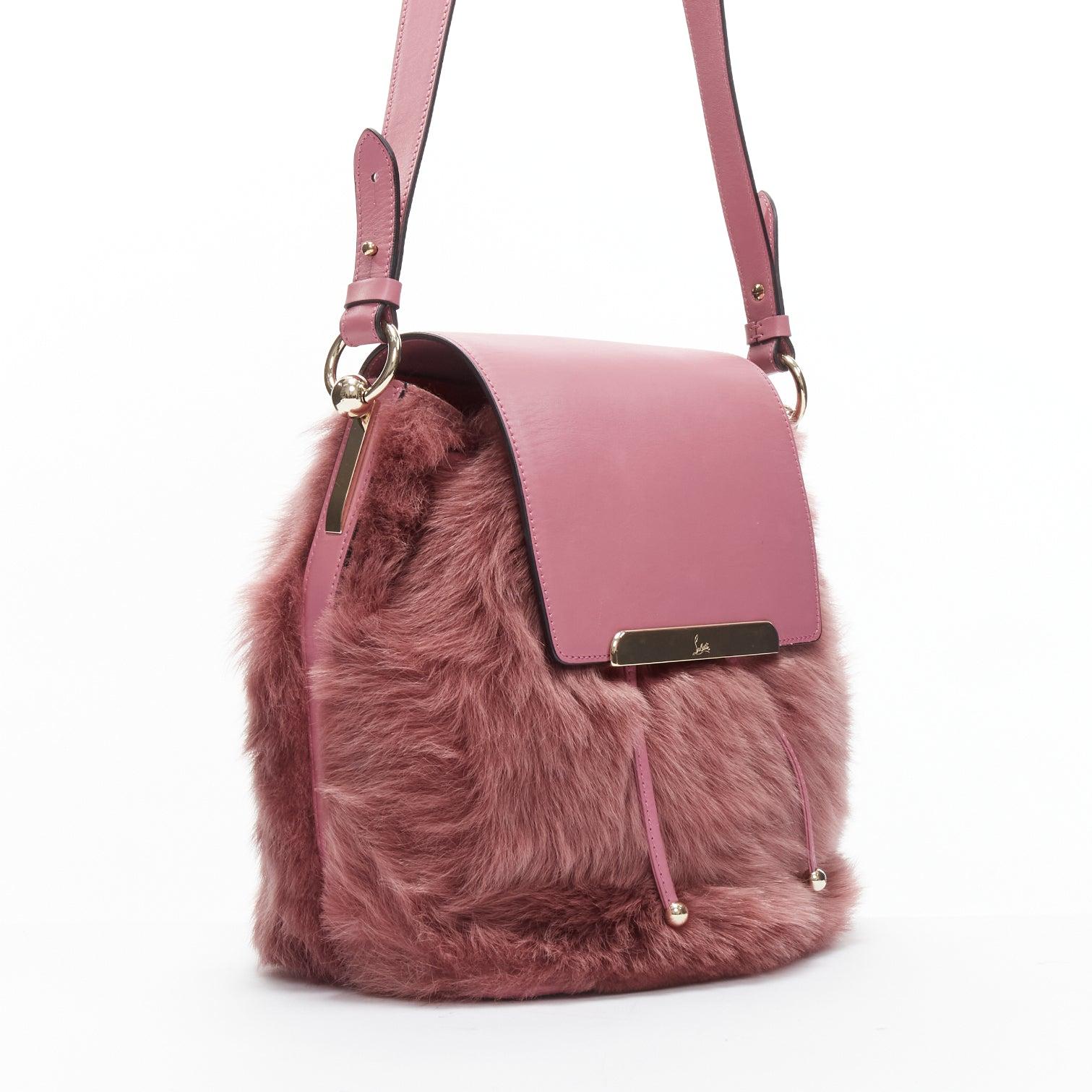 Pink rare CHRISTIAN LOUBOUTIN Luckyl pink lamb fur 2 way shoulder bucket bag backpack For Sale