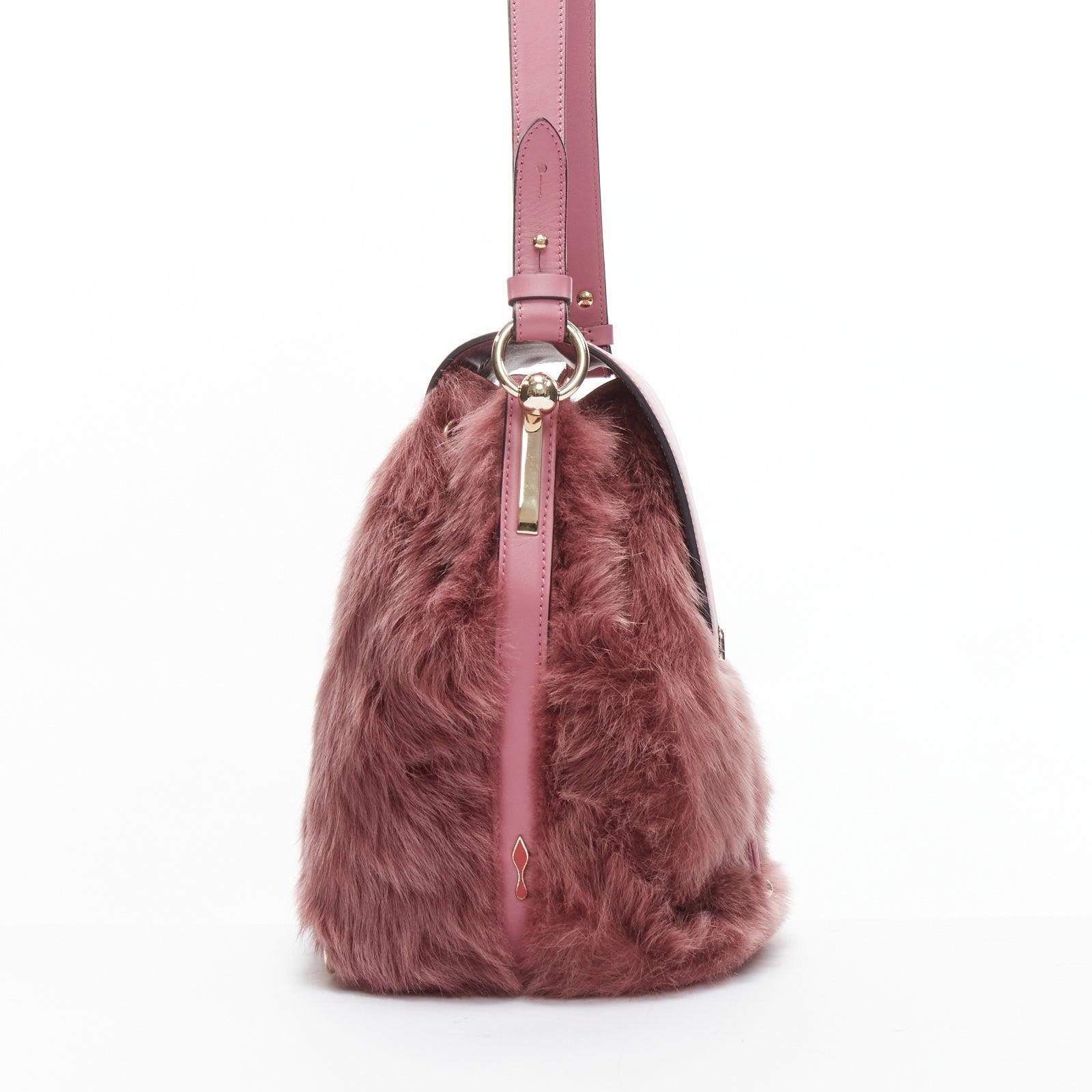 rare CHRISTIAN LOUBOUTIN Luckyl pink lamb fur 2 way shoulder bucket bag backpack In Excellent Condition For Sale In Hong Kong, NT