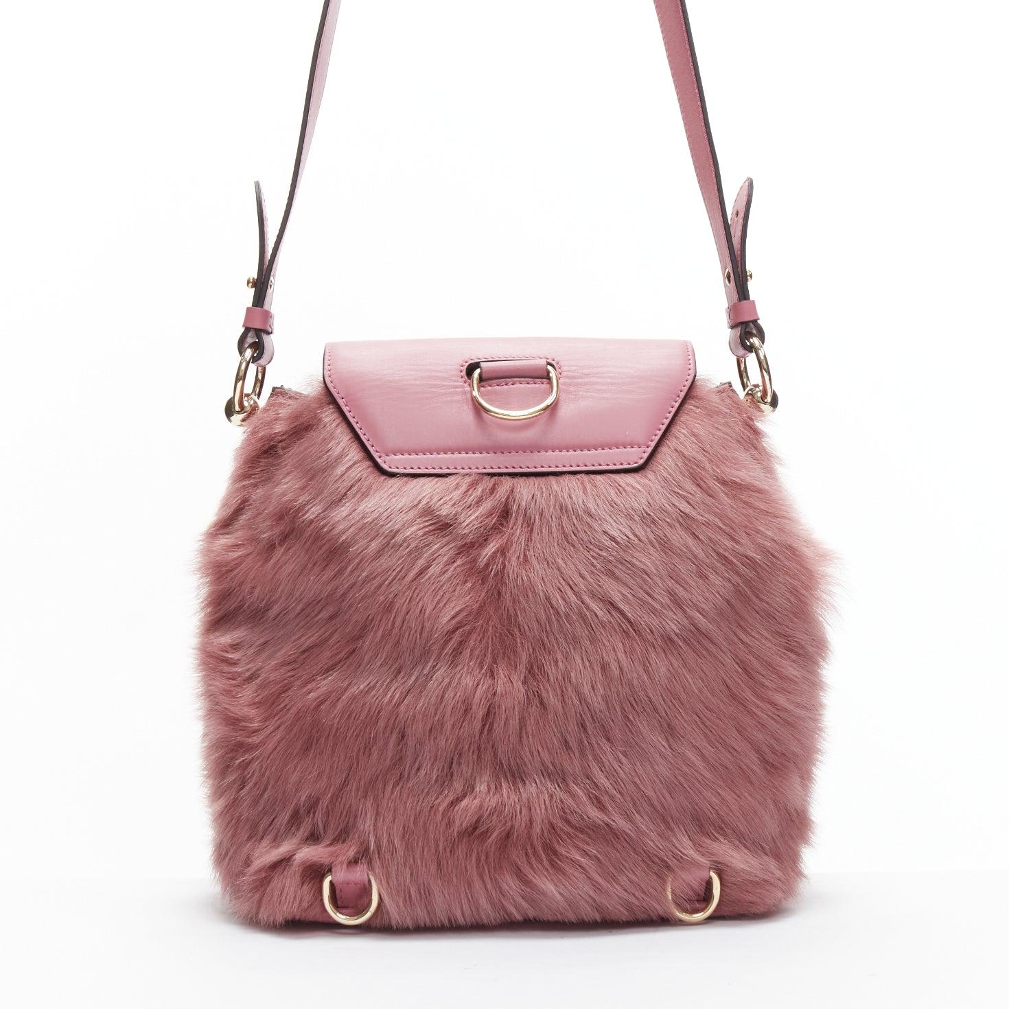 Women's rare CHRISTIAN LOUBOUTIN Luckyl pink lamb fur 2 way shoulder bucket bag backpack For Sale