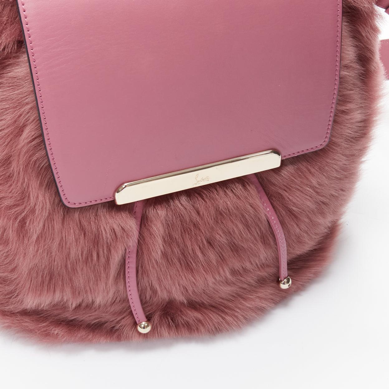 rare CHRISTIAN LOUBOUTIN Luckyl pink lamb fur 2 way shoulder bucket bag backpack For Sale 2