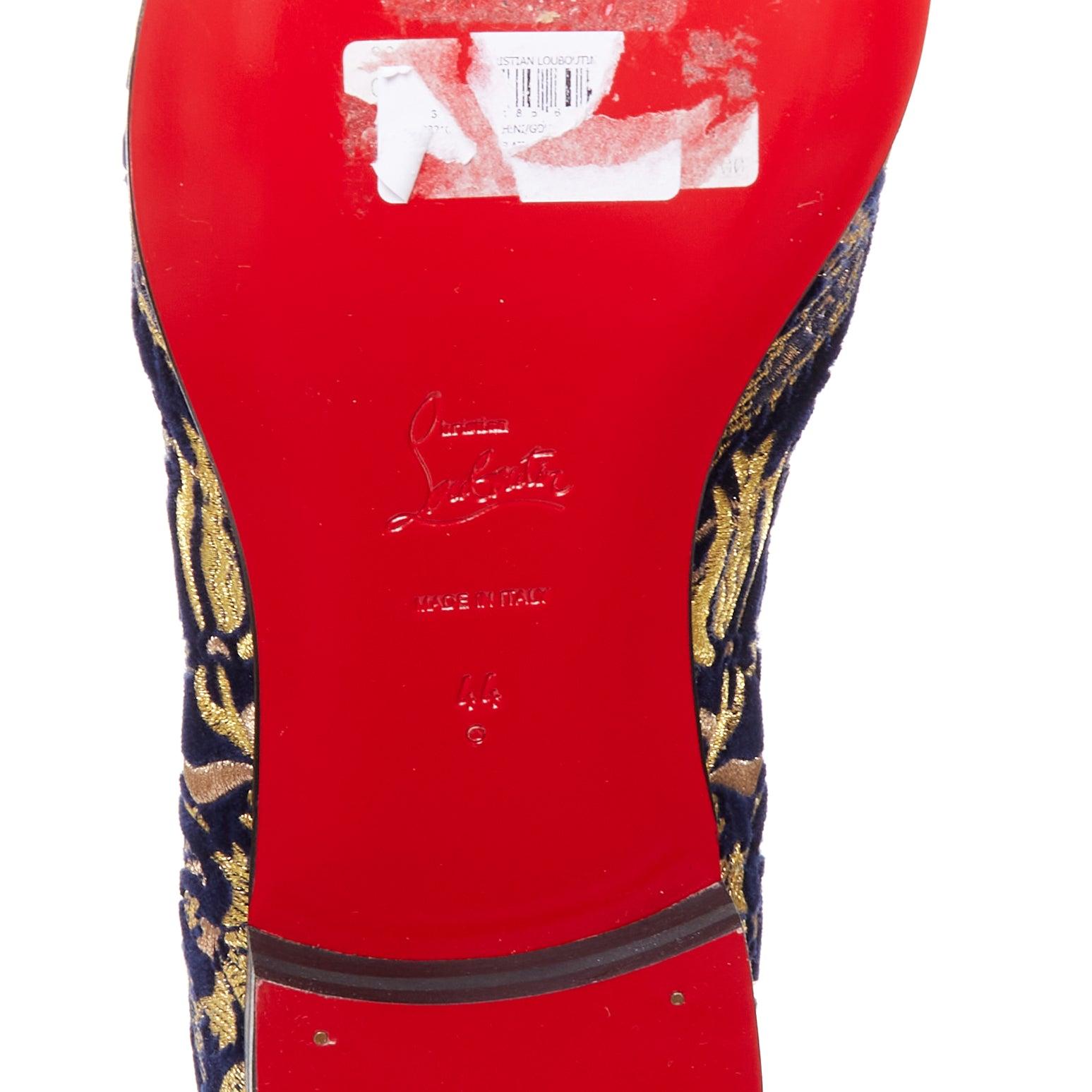rare CHRISTIAN LOUBOUTIN Marcantonia Mocassin plat en velours baroque doré EU44 en vente 5