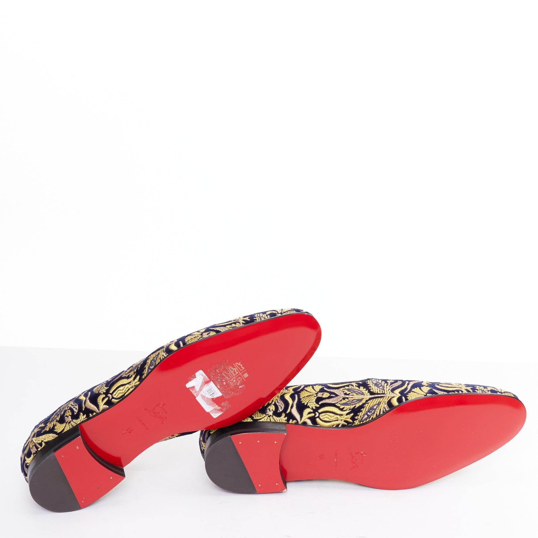 rare CHRISTIAN LOUBOUTIN Marcantonia Mocassin plat en velours baroque doré EU44 en vente 6