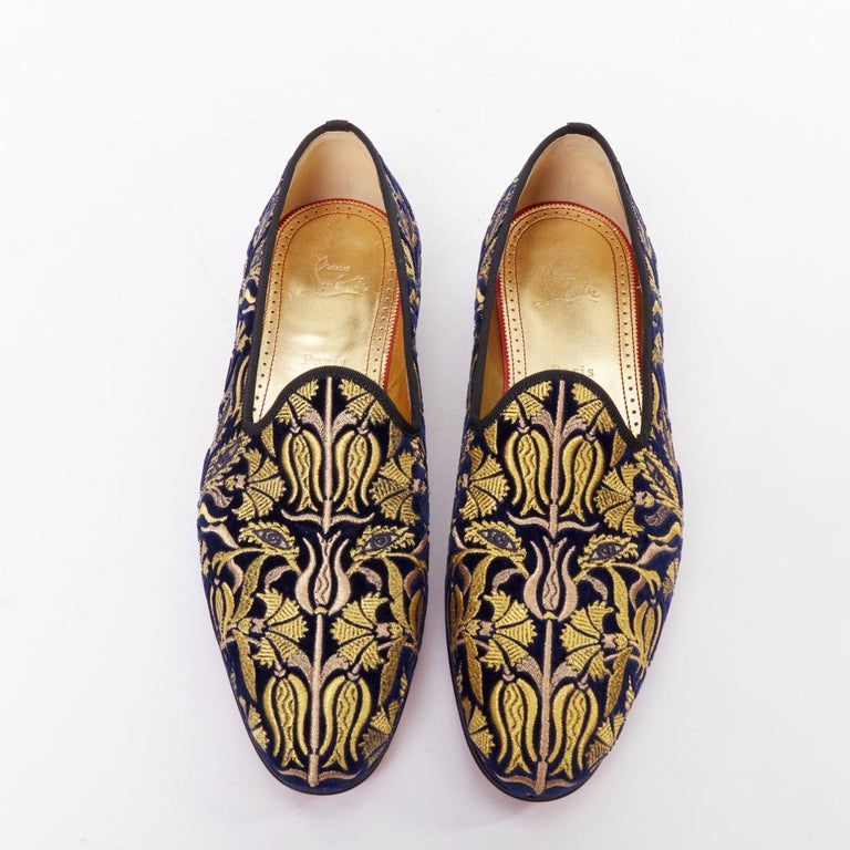Christian Louboutin Navy and Gold Embroidered Velvet Loafers rare CHRISTIAN LOUBOUTIN Marcantonia Flat gold baroque  main image 3
