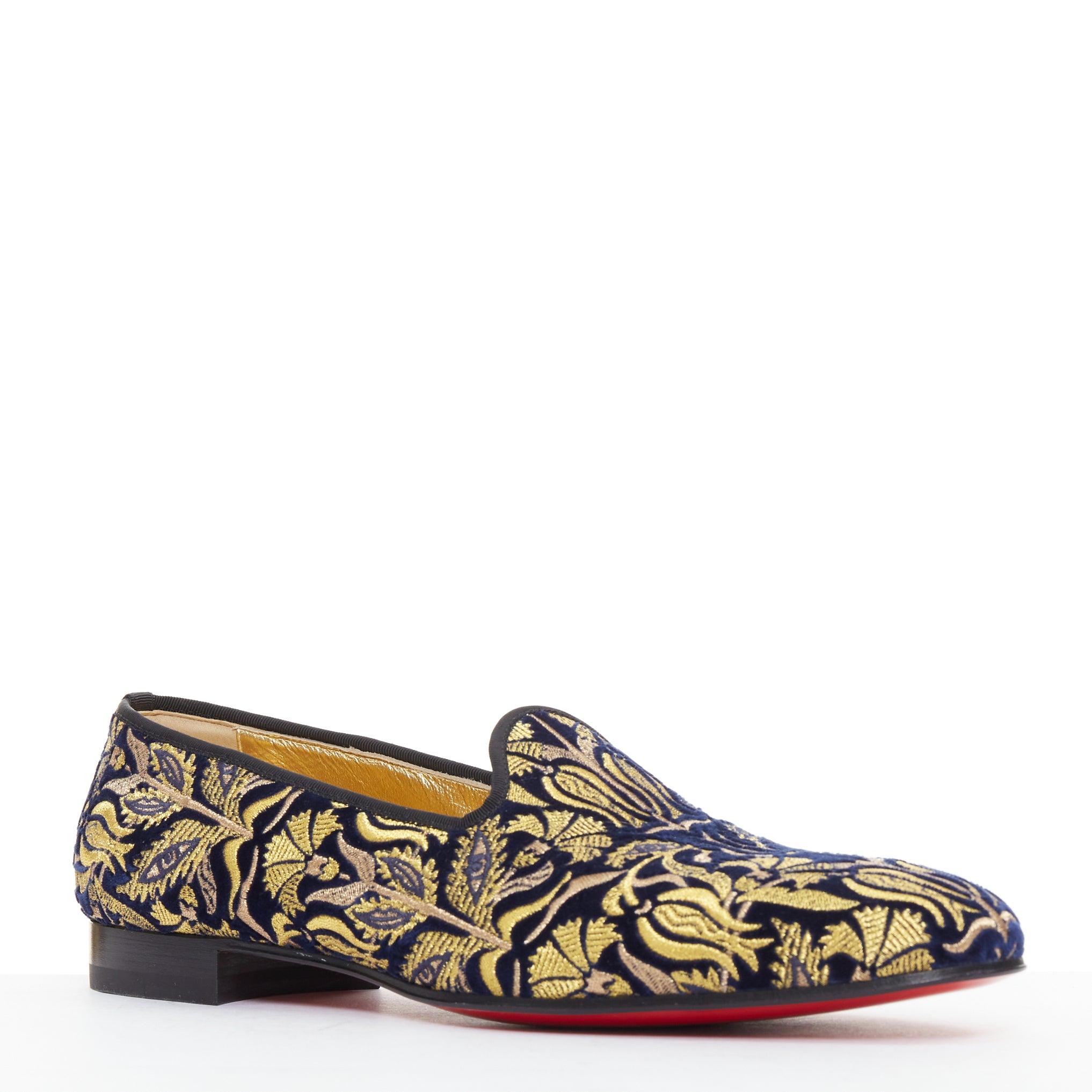 Noir rare CHRISTIAN LOUBOUTIN Marcantonia Mocassin plat en velours baroque doré EU44 en vente