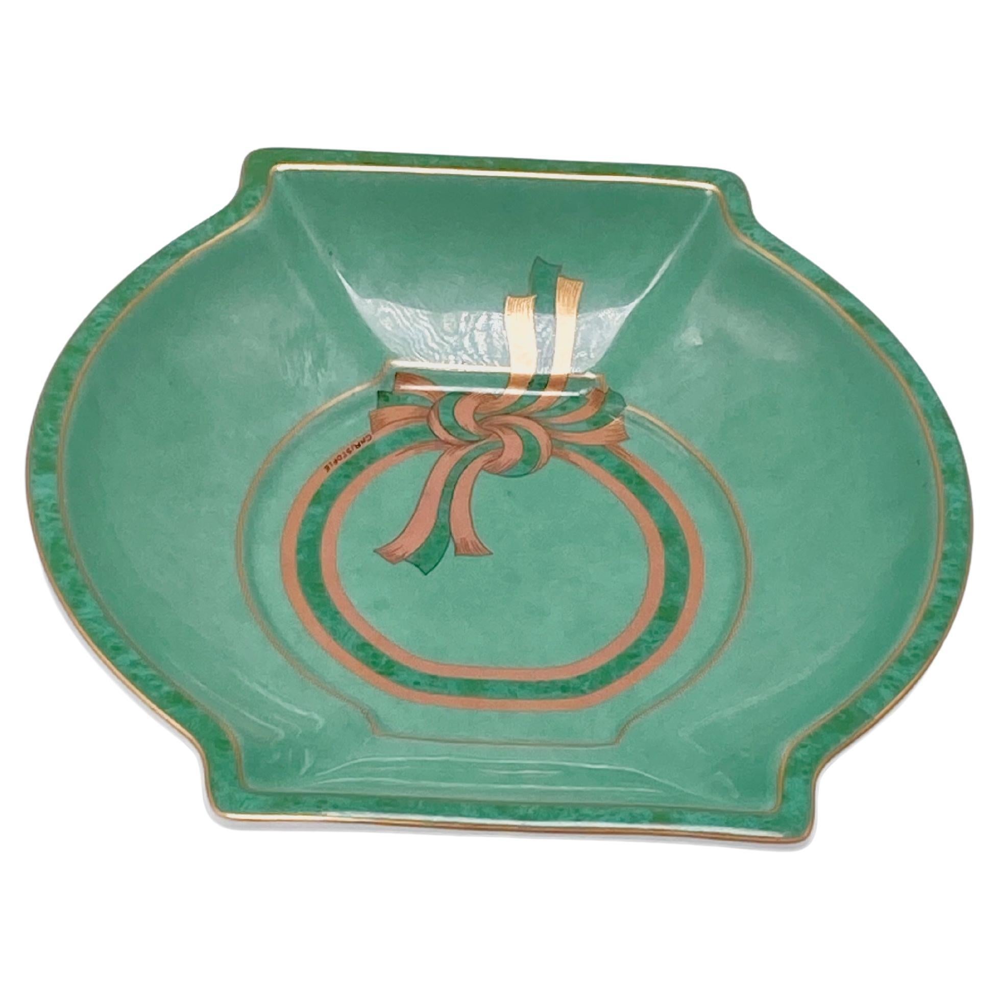  Rare Christofle Ashtray, in Porcelain, green hand painted, France 1970, signed  For Sale