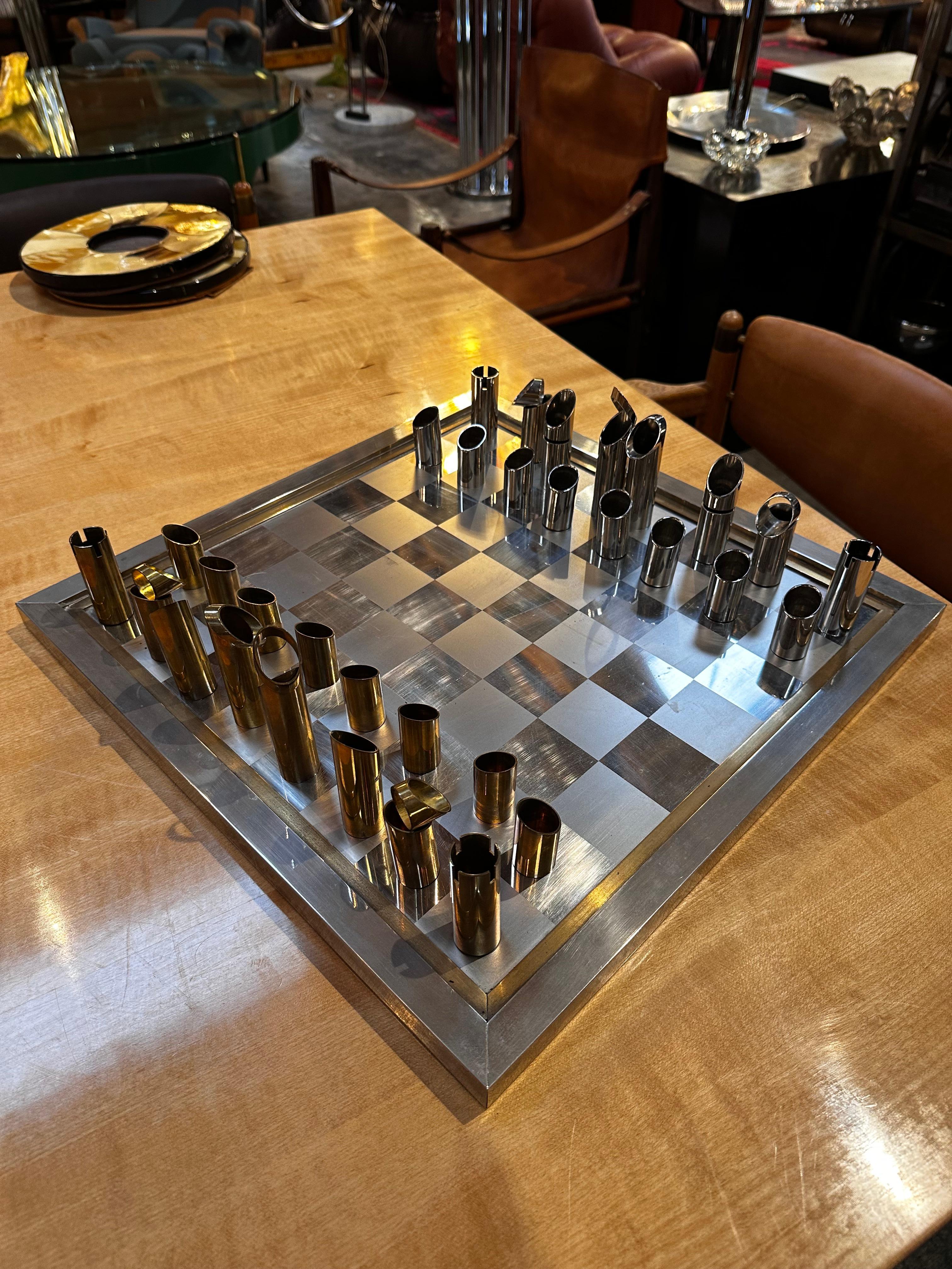 Late 20th Century Rare Chrome and Brass Italian Chess Set by Romeo Rega 1970s