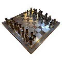 Rare Chrome and Brass Italian Chess Set by Romeo Rega 1970s