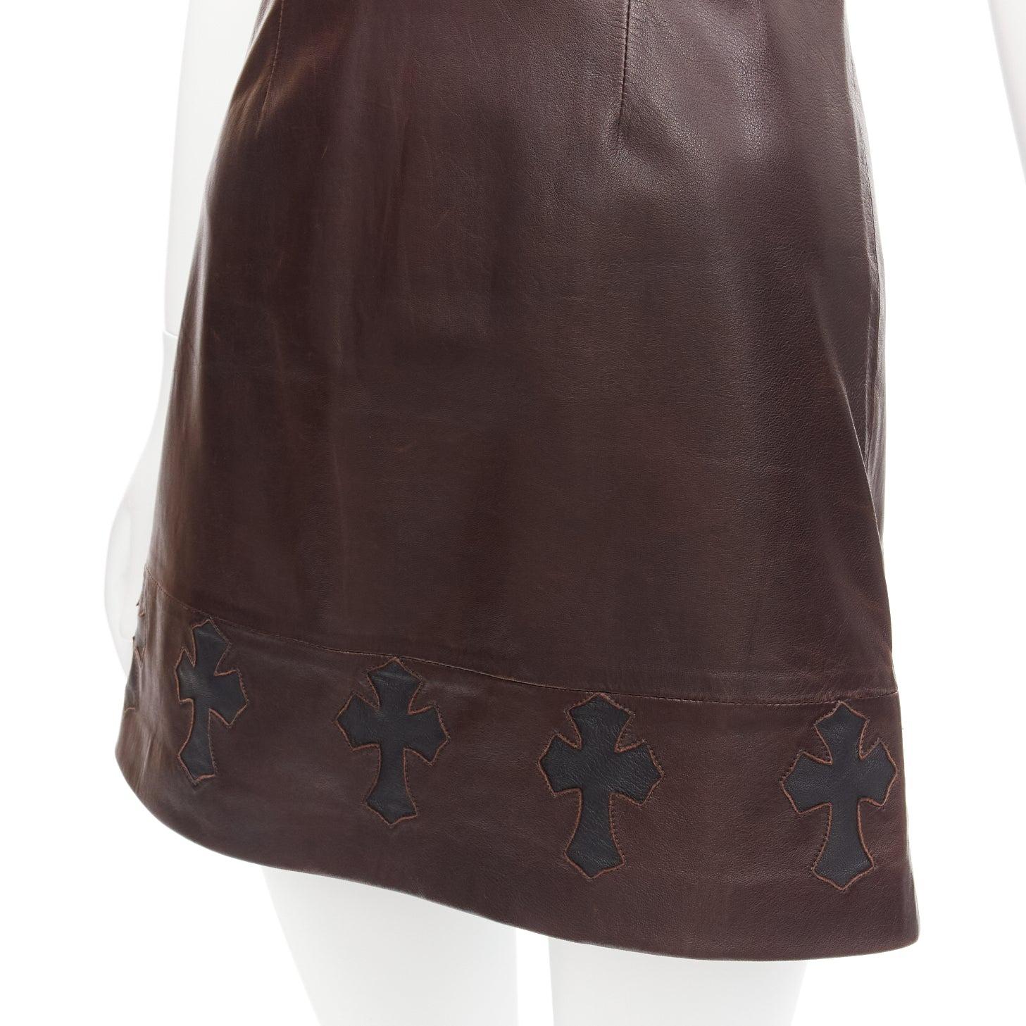 rare CHROME HEARTS brown leather black Cross Dagger zip dress M For Sale 1