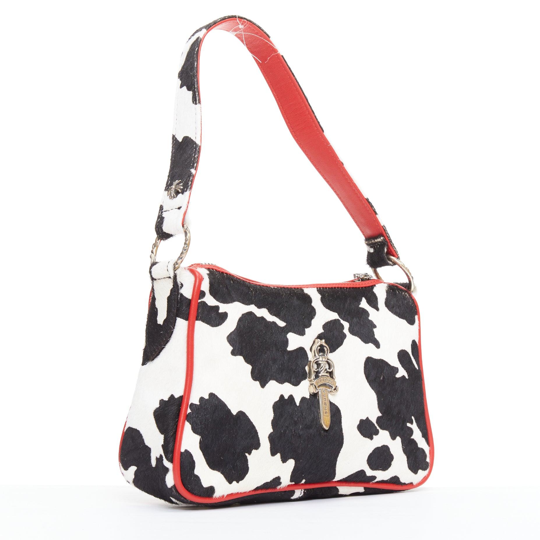 Black rare CHROME HEARTS Nuggets black white cow calf hair red trim underarm bag For Sale