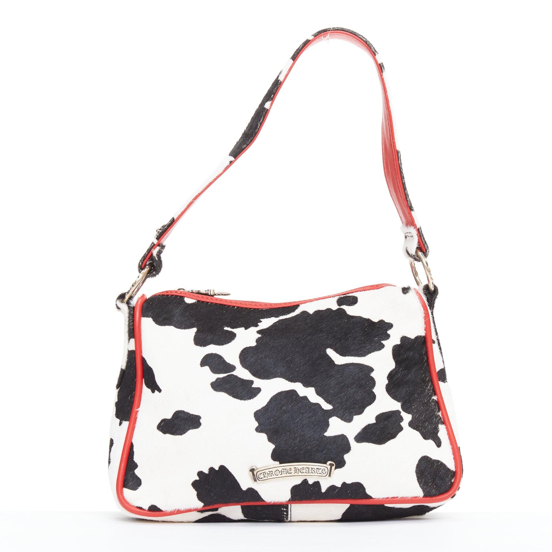 Women's rare CHROME HEARTS Nuggets black white cow calf hair red trim underarm bag For Sale