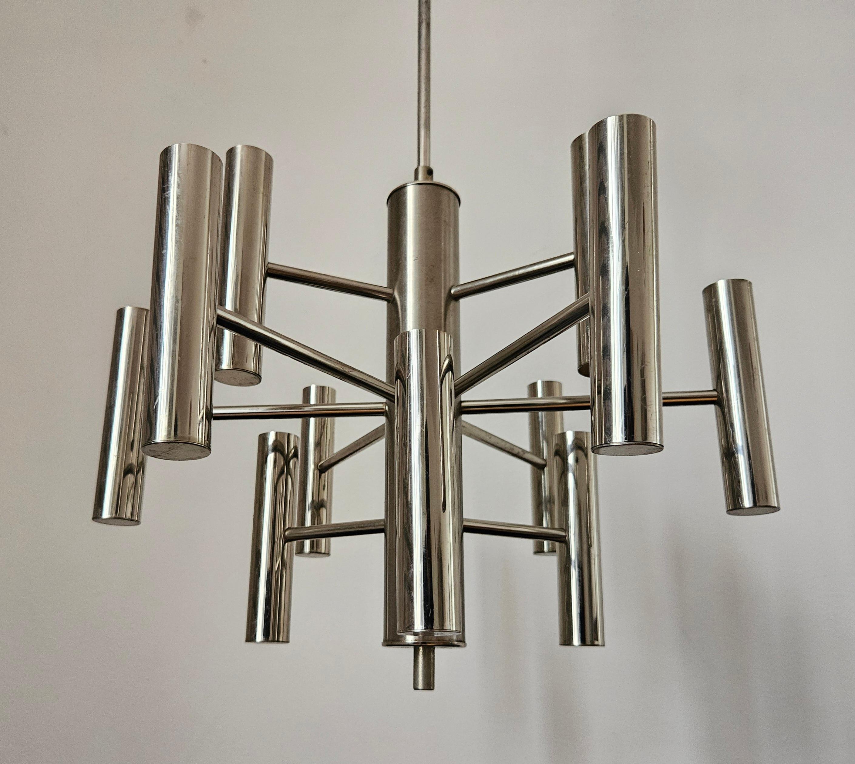 Rara lámpara de araña cromada de mediados de siglo Gaetano Sciolari, Italia, años 70 en venta 4