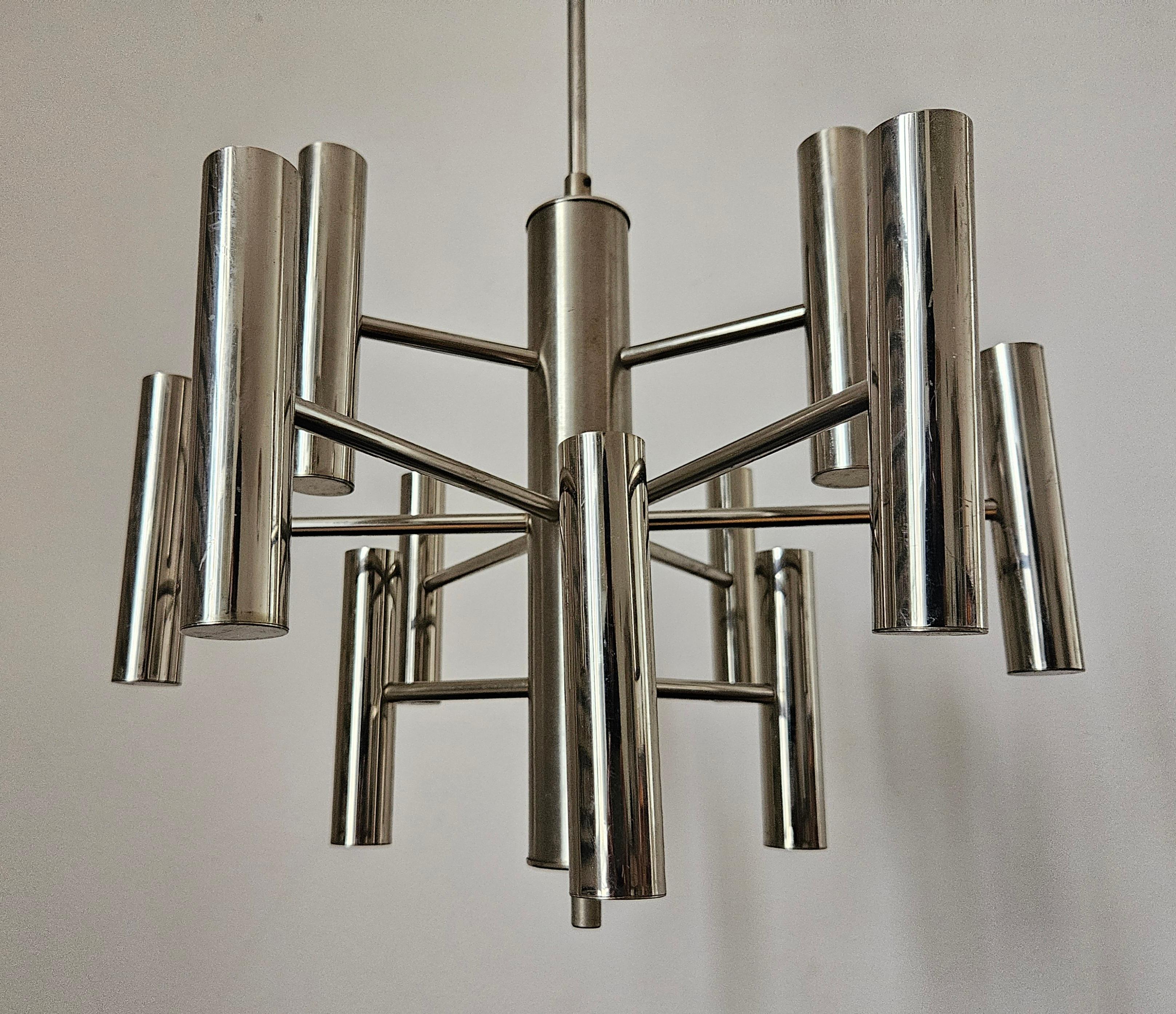 Rara lámpara de araña cromada de mediados de siglo Gaetano Sciolari, Italia, años 70 en venta 5