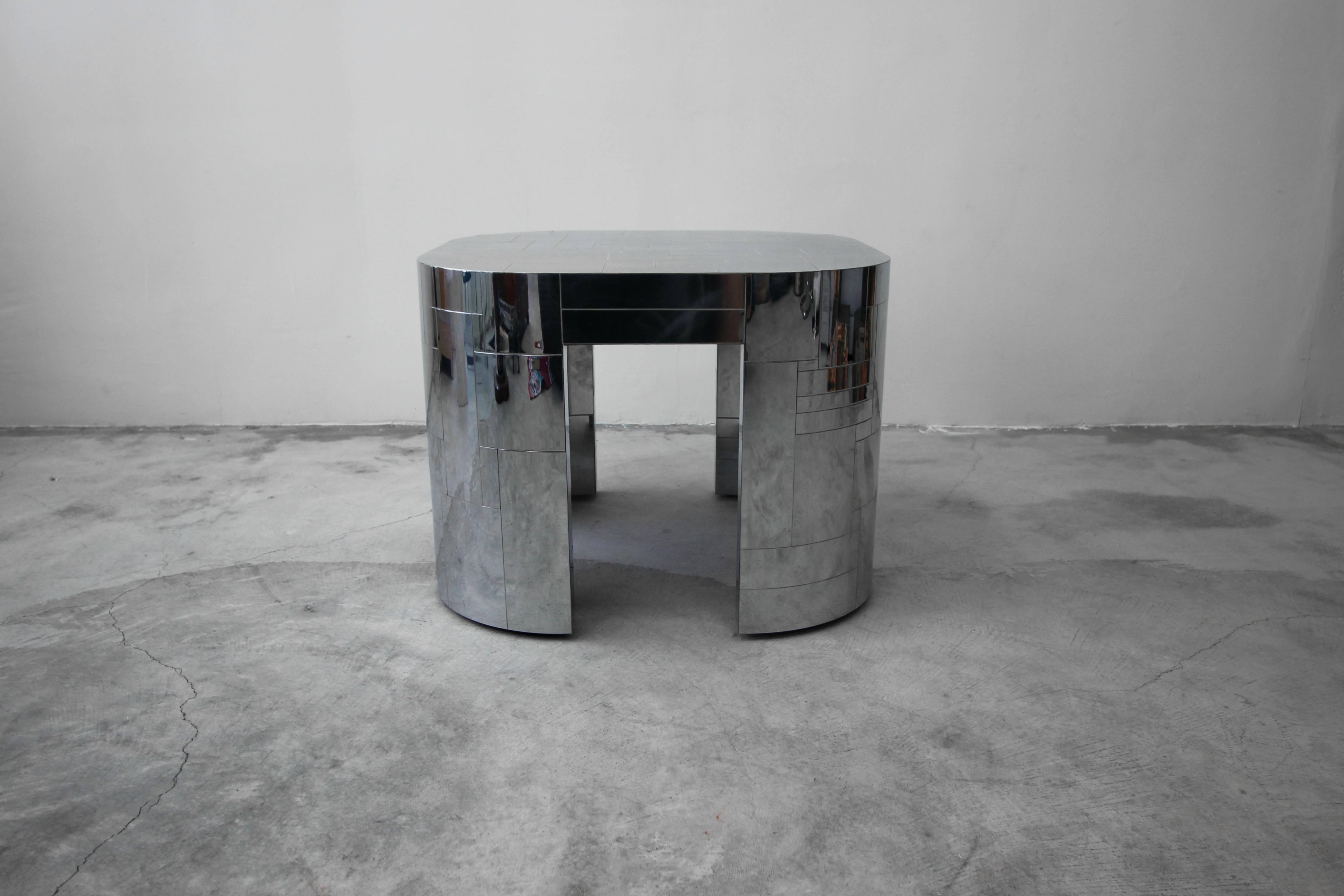 From a one owner estate, comes a rare opportunity to own an authentic and very RARE all chrome, patchwork Cityscape table by Paul Evans. Table is an oversized square with rounded corners. Measuring 30