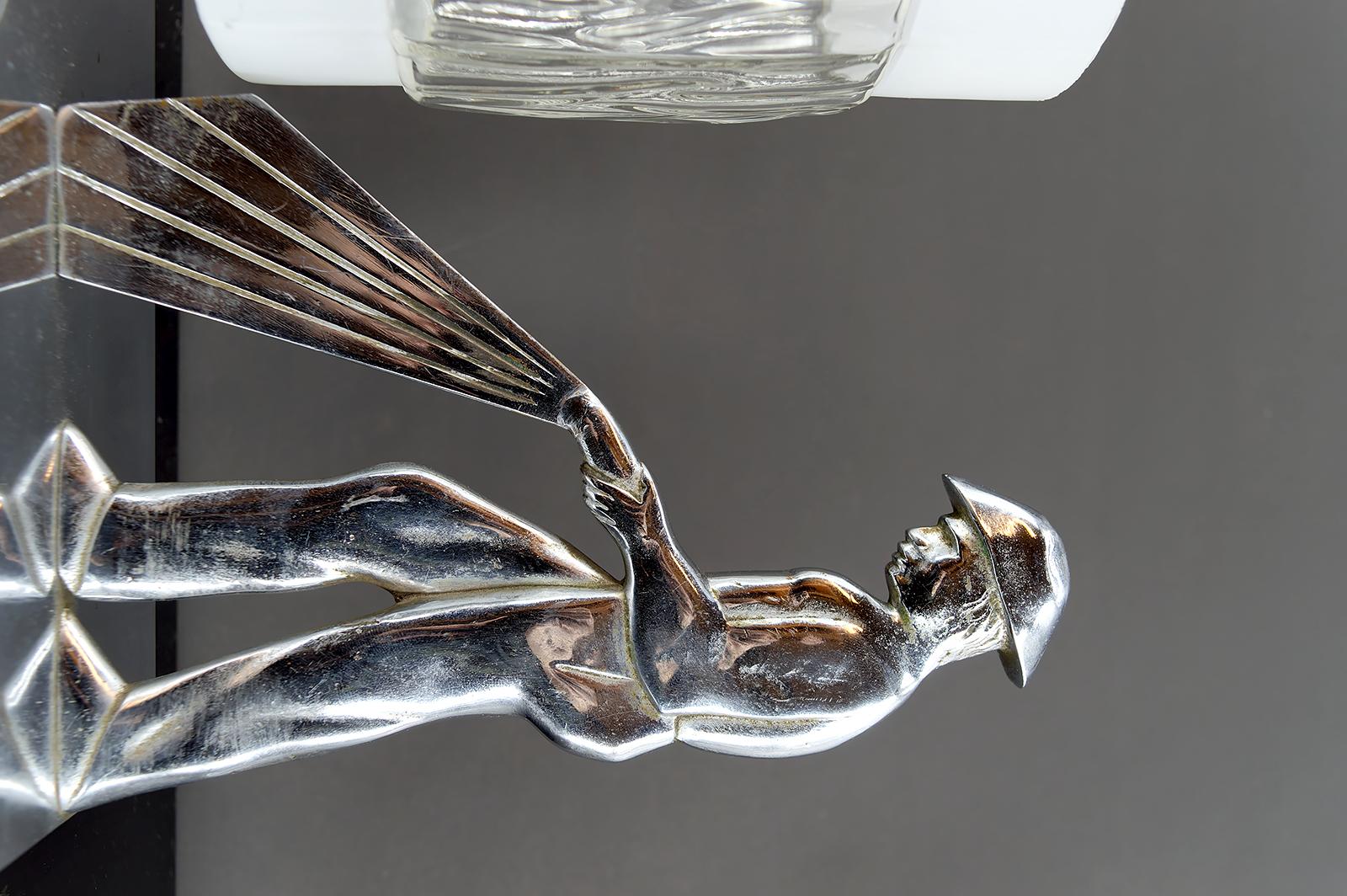 Rare Chrome-Plated Bronze Lamp, Firefighter, Modernist Art Deco, Poland, 1950's For Sale 4