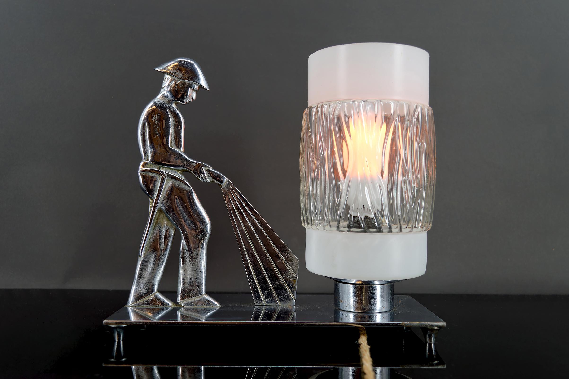Polish Rare Chrome-Plated Bronze Lamp, Firefighter, Modernist Art Deco, Poland, 1950's For Sale