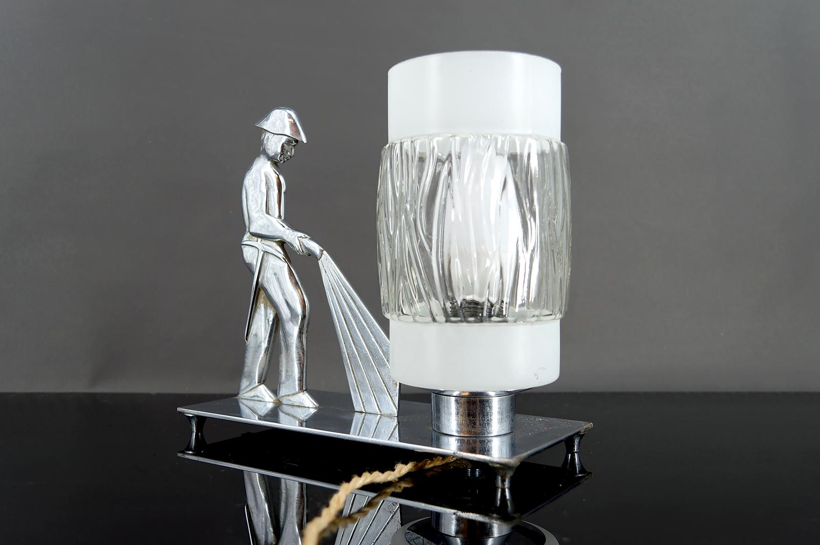 Silvered Rare Chrome-Plated Bronze Lamp, Firefighter, Modernist Art Deco, Poland, 1950's For Sale