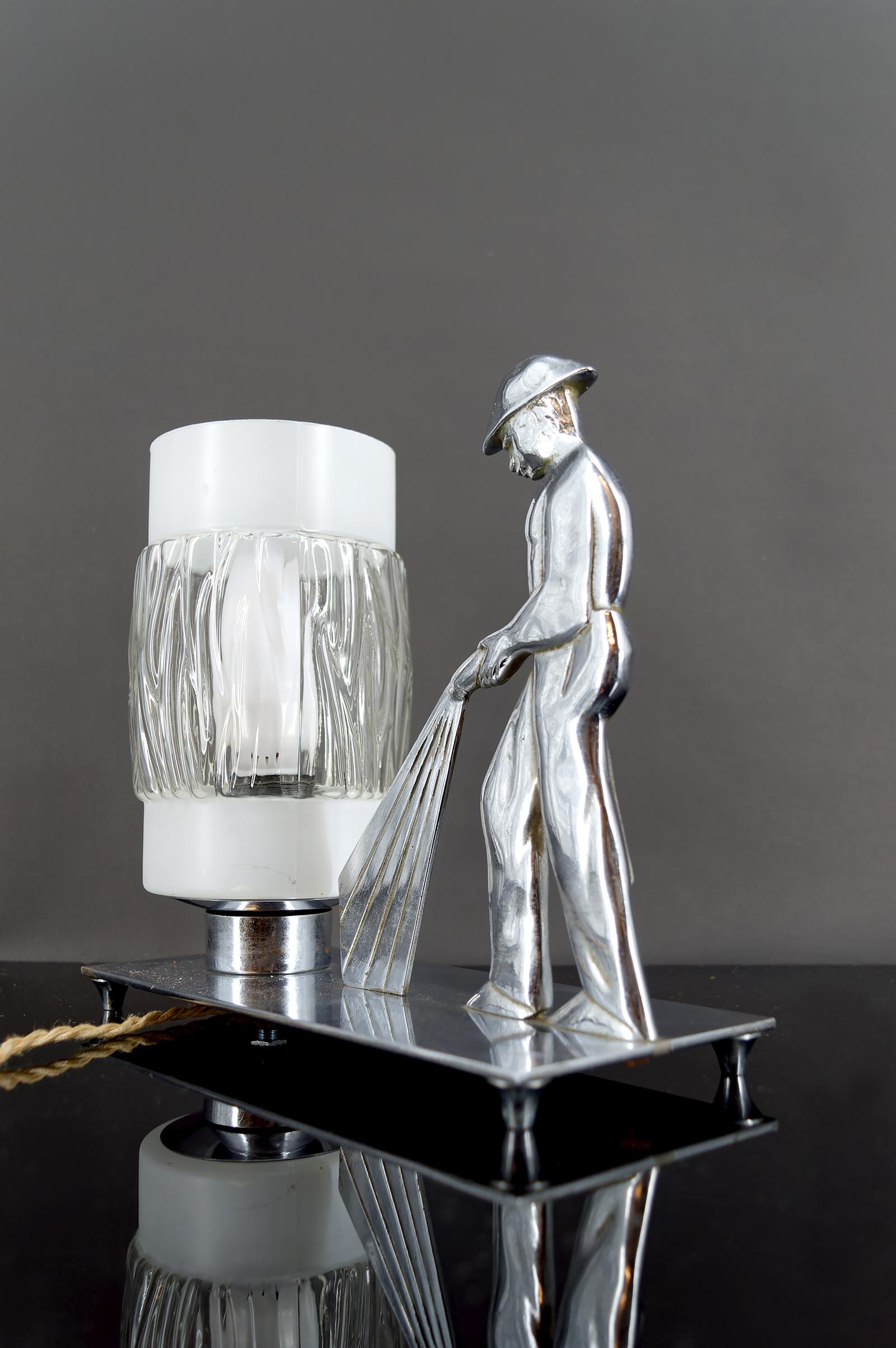 Rare Chrome-Plated Bronze Lamp, Firefighter, Modernist Art Deco, Poland, 1950's For Sale 1