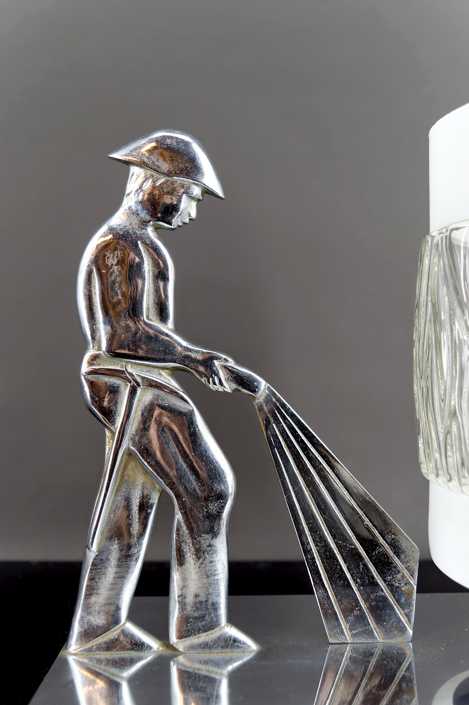 Rare Chrome-Plated Bronze Lamp, Firefighter, Modernist Art Deco, Poland, 1950's For Sale 3
