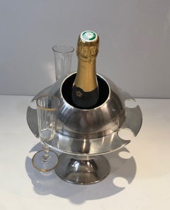 Rare Chromed Champagne Bucket with Flutes Holder, French, Circa 1970
