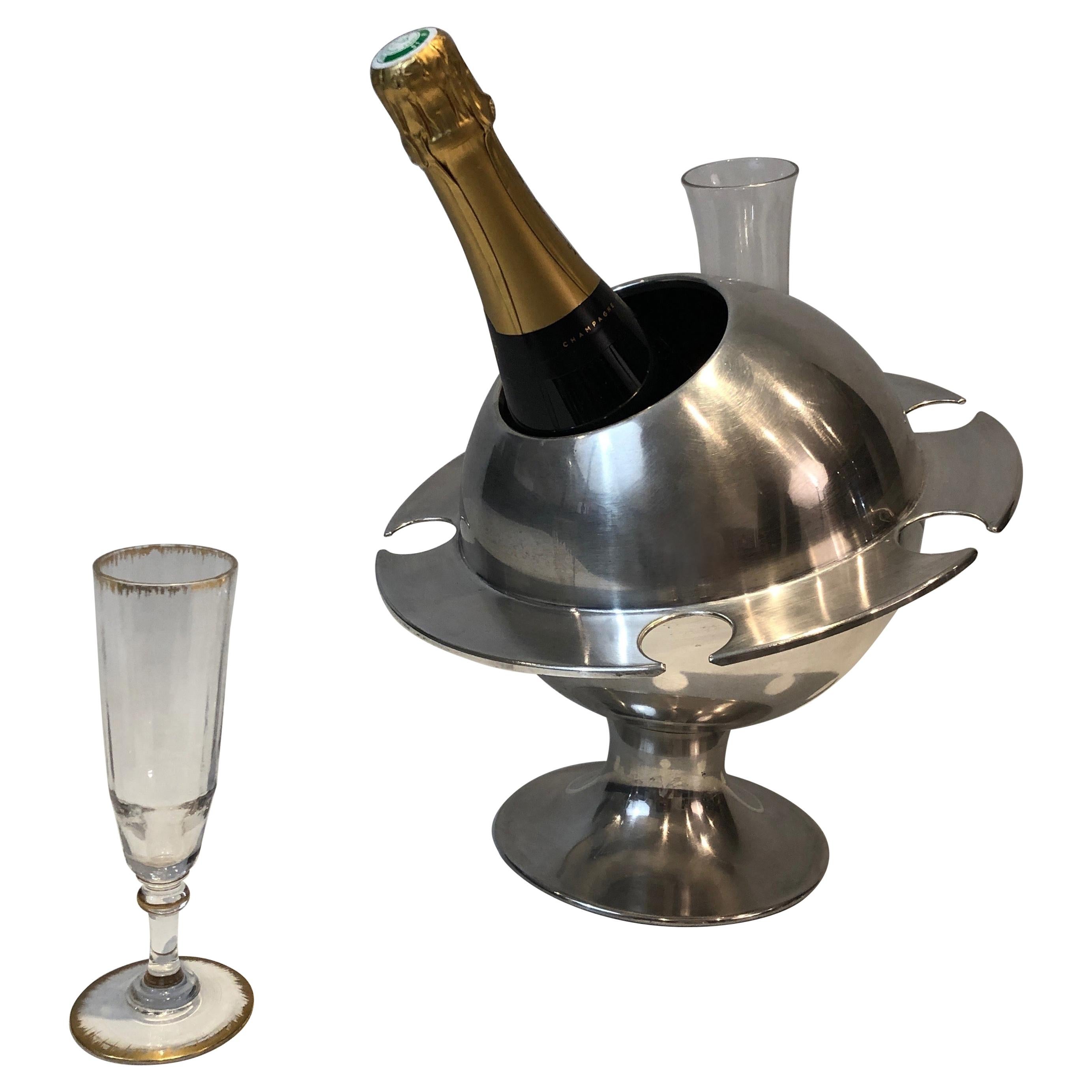 Rare Chromed Champagne Bucket with Flutes Holder, French, Circa 1970