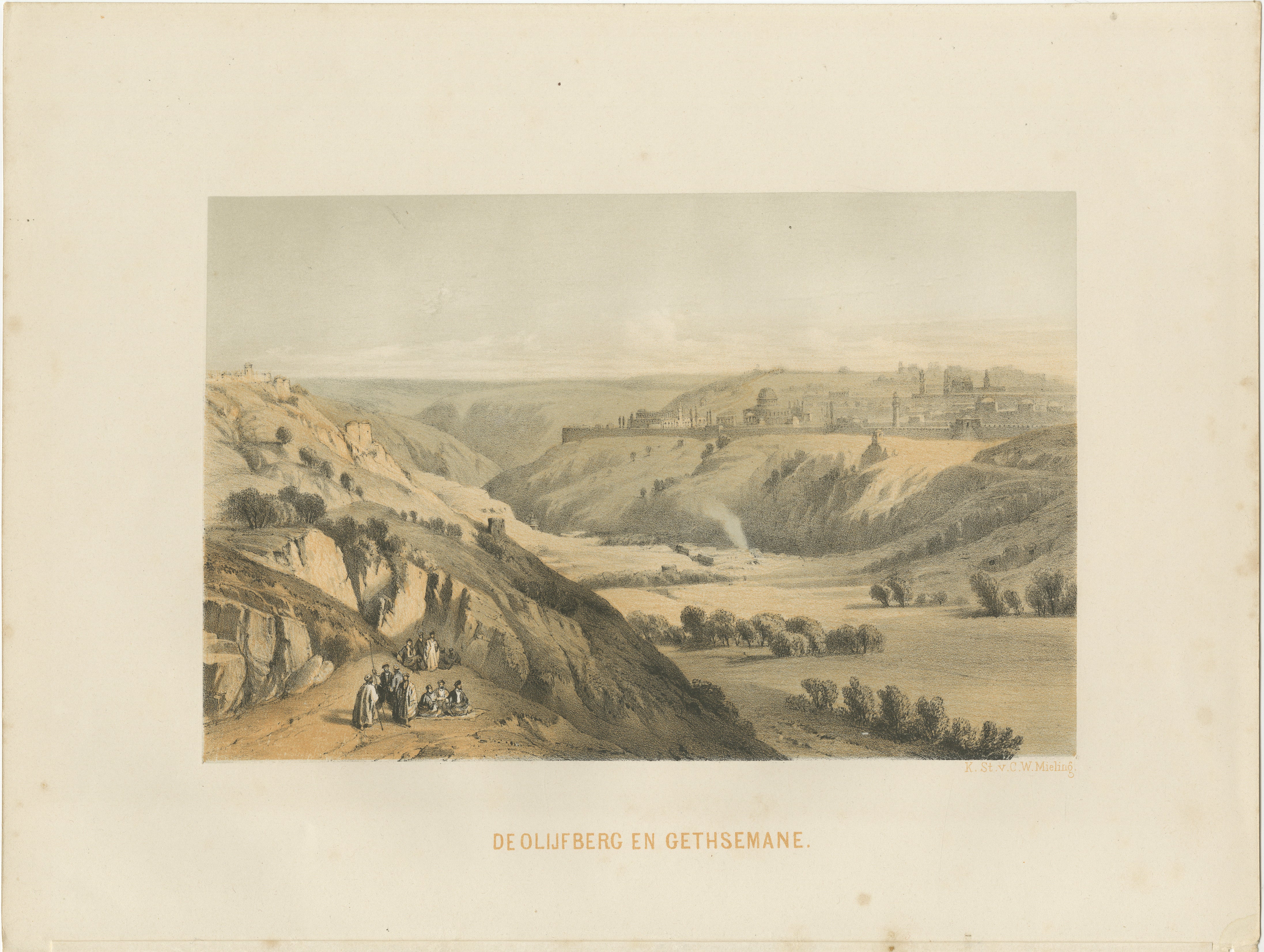 Título: Cromolitografía del siglo XIX del Monte de los Olivos y Getsemaní - Vista bíblica según David Roberts  

Descripción:  
Esta sorprendente cromolitografía del siglo XIX presenta una amplia vista del Monte de los Olivos y el Huerto de