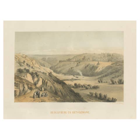 Rare Chromolithograph of the Mount of Olives and Gethsemane near Jerusalem, 1862
