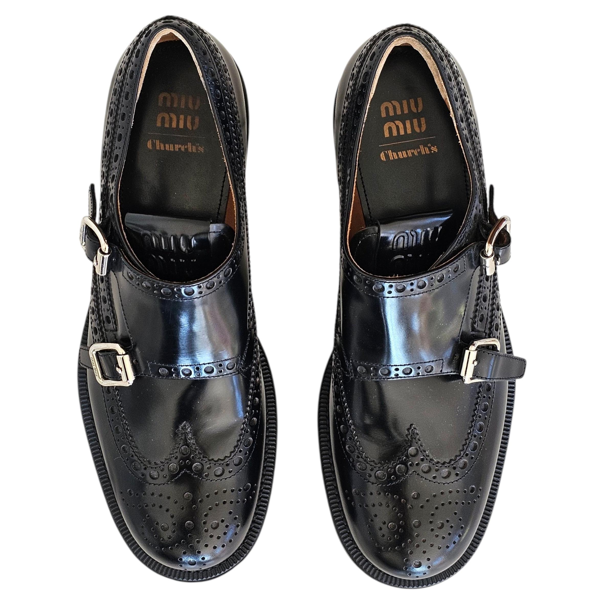 Pre-owned Miu Miu Rare Church's X  Brushed Leather Double Monk Brogue Shoes Box New 40 10 In Black