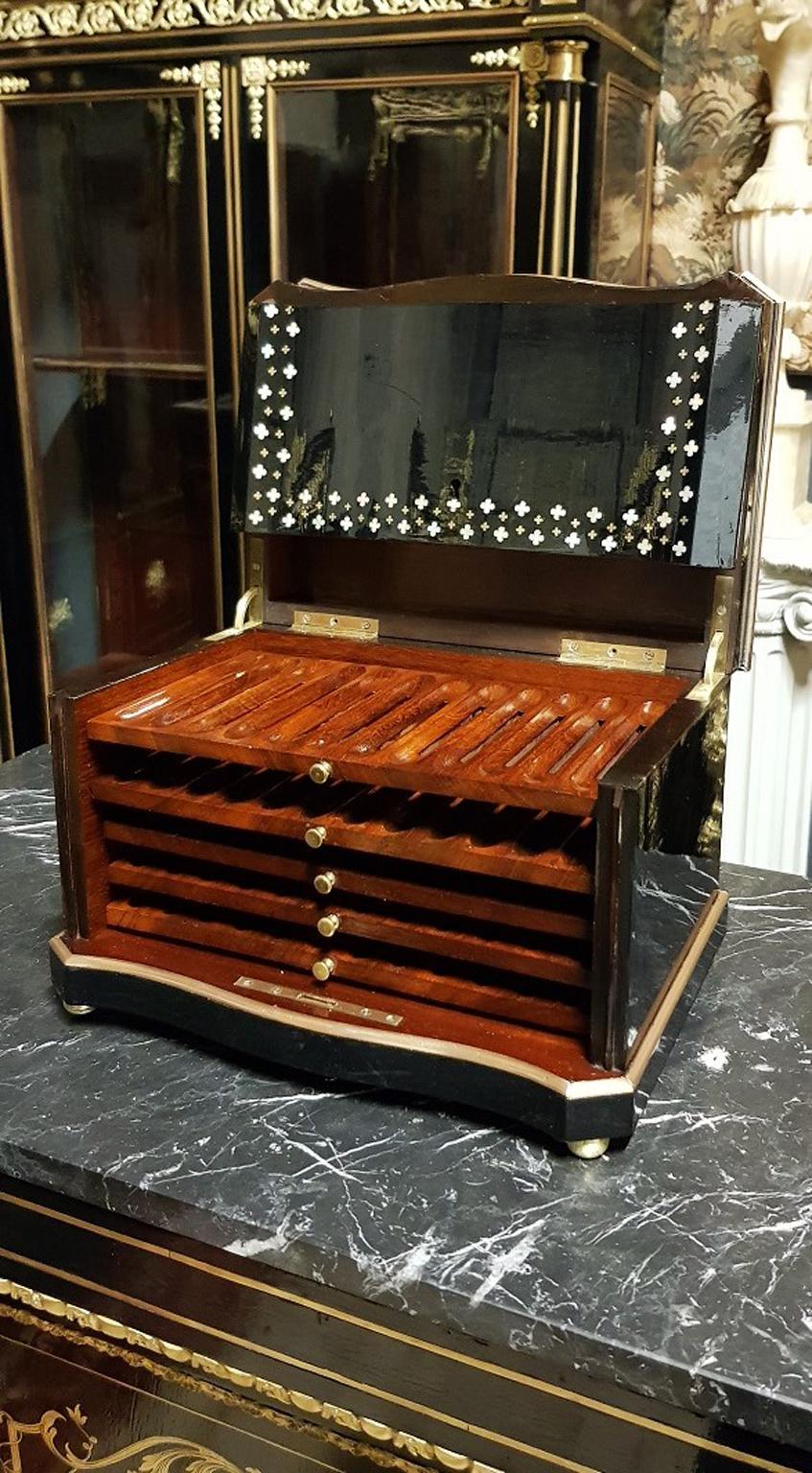 Blackened Rare Cigar Box Cabinet in Boulle Marquetry, Napoleon III  Style, France 1864
