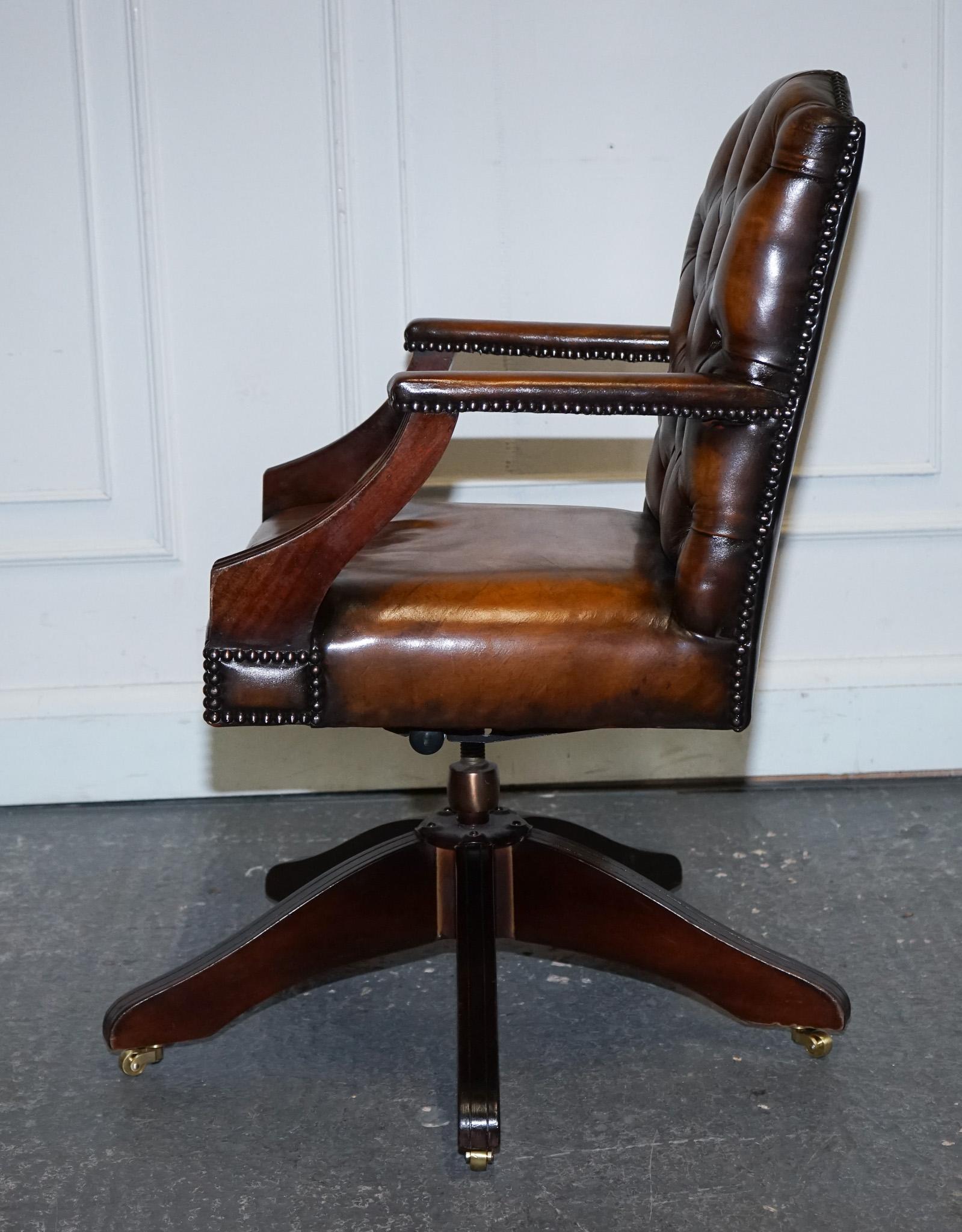 
Antiques of London

We are delighted to offer for sale this Exquisite Rare Cigar Brown Leather Chesterfield Directors Swivel Office Chair.

This exquisite chair features a robust hardwood frame and is elegantly upholstered with premium cattle hide