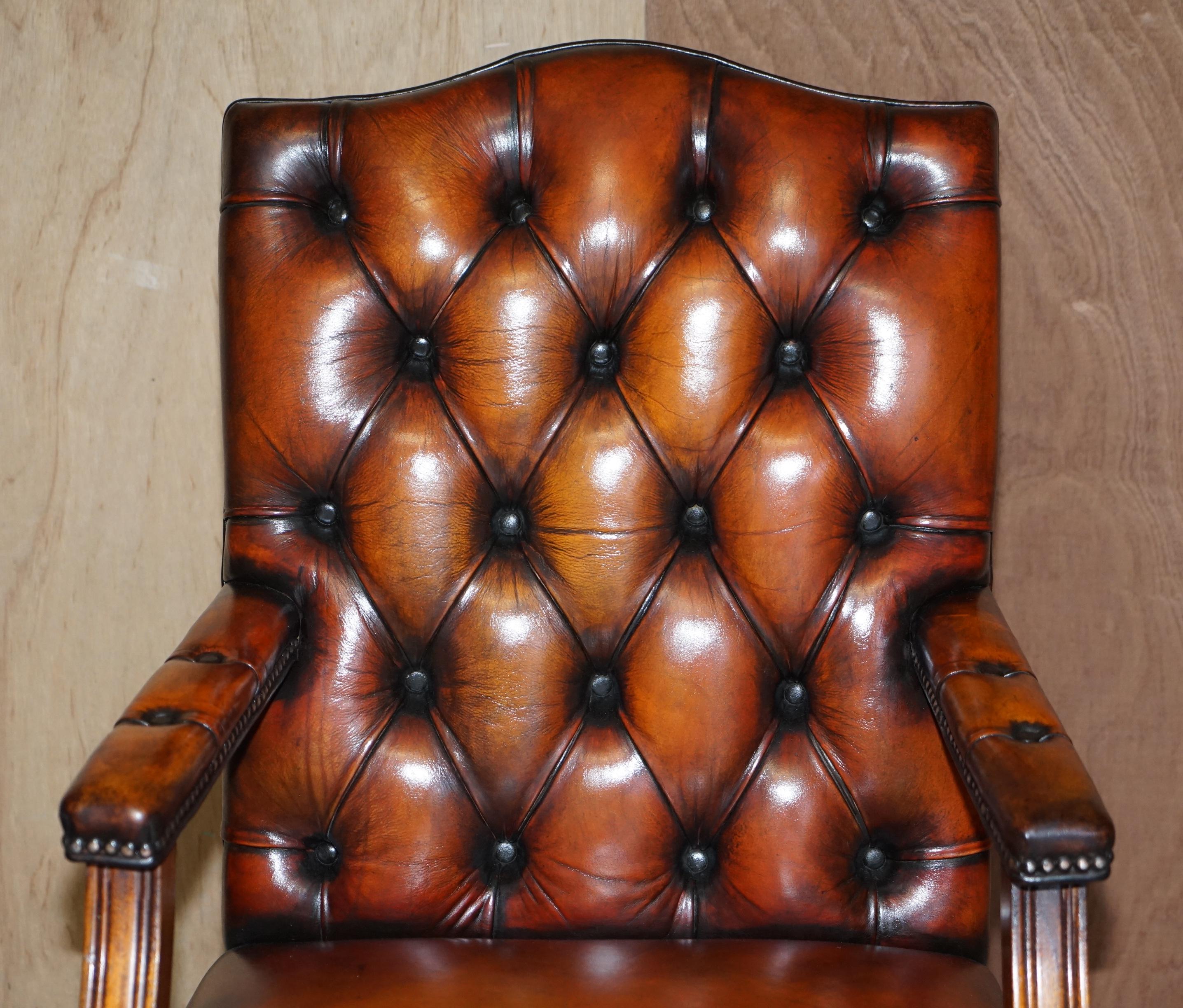 Rare Cigar Brown Leather Chesterfield Directors Captains Chair Porcelain Castors 4