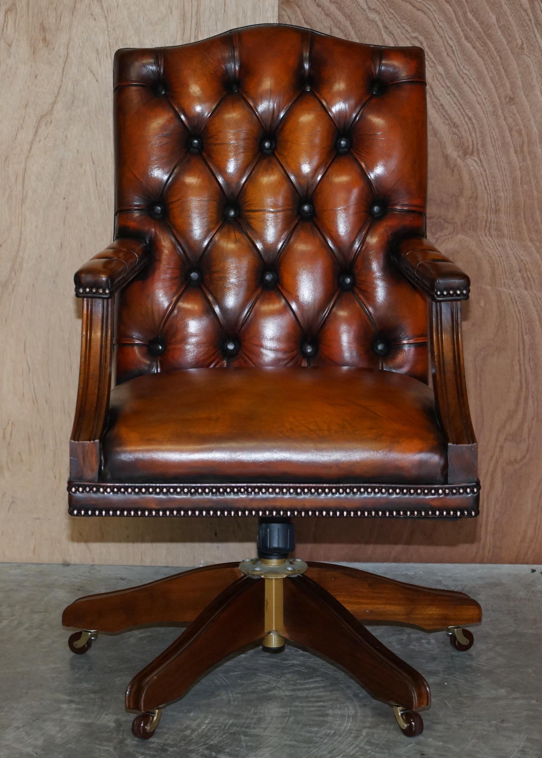 We are delighted to offer for sale this stunning fully restored aged brown leather Gainsborough Directors armchair with hand made in England Porcelain castors 

This is a very fine and well made English Directors chair, it has a coil sprung base,