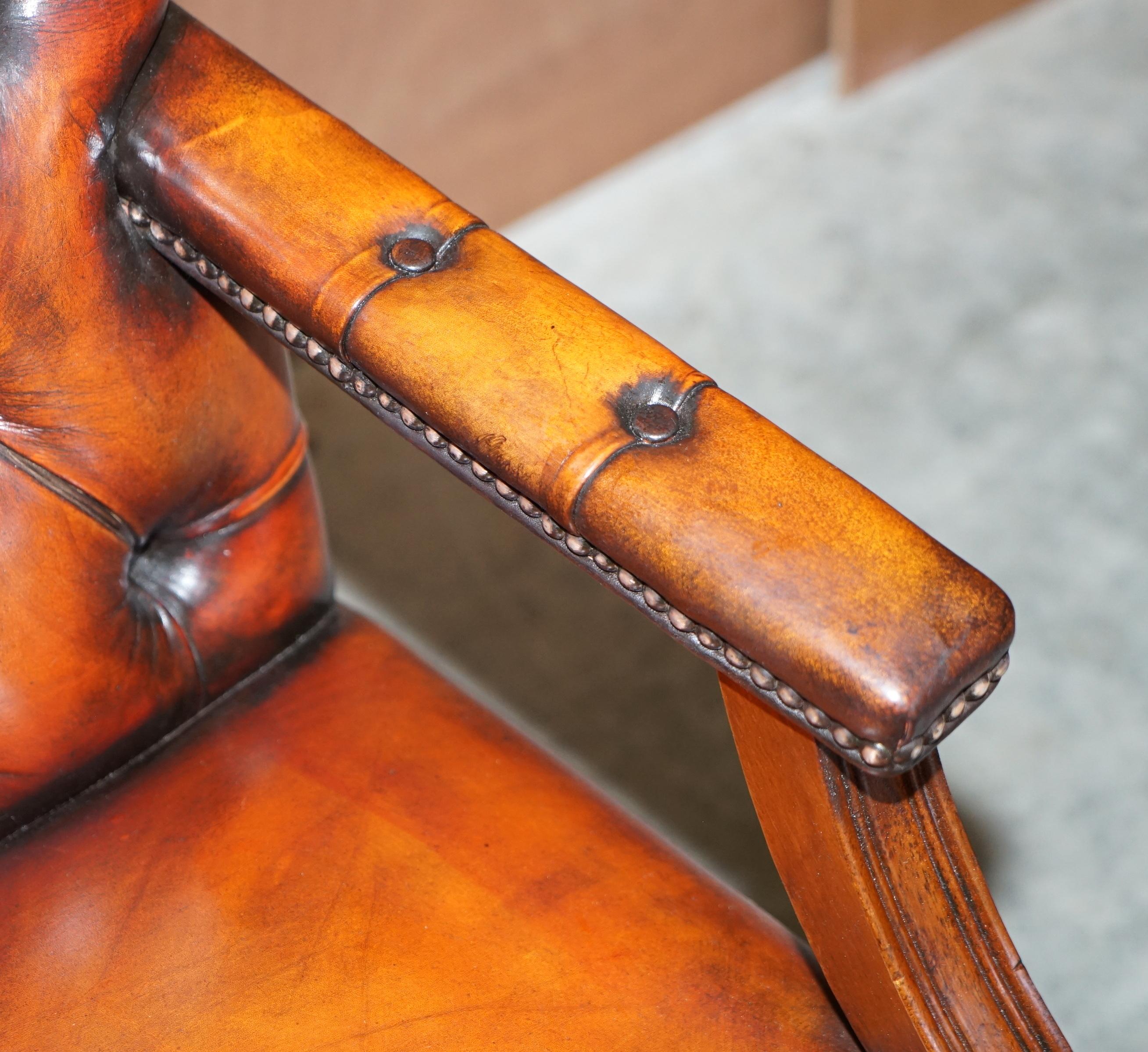 Rare Cigar Brown Leather Chesterfield Directors Captains Chair Porcelain Castors 1