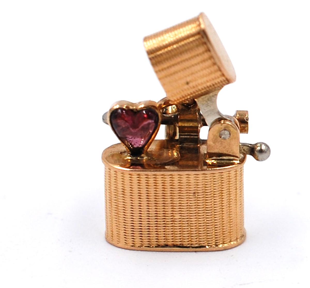 Modern Rare Cigarette Heart Stone Charm, 14 Karat Yellow Gold, Movable Parts For Sale