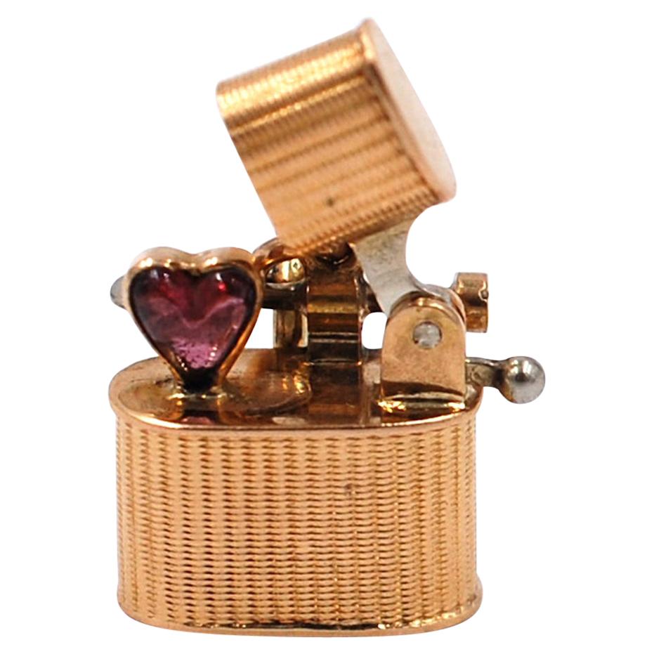 Rare Cigarette Heart Stone Charm, 14 Karat Yellow Gold, Movable Parts For Sale