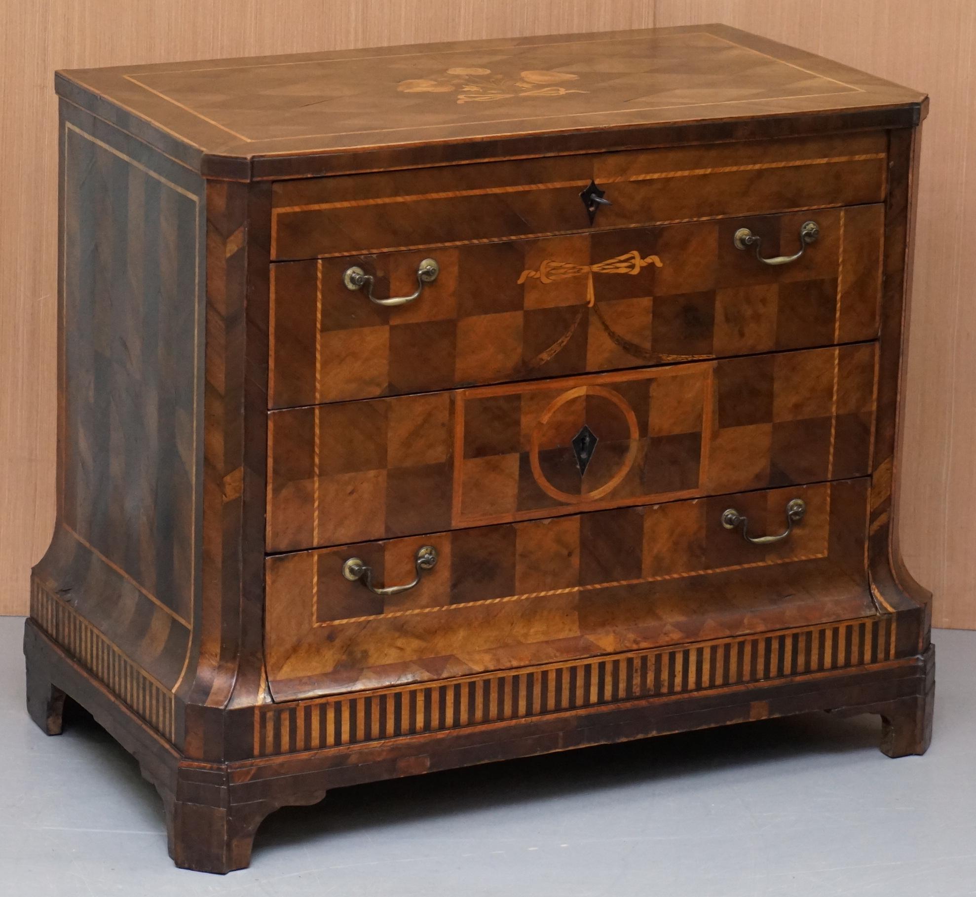 Georgian Rare circa 1780 Continental Parquetry Marquetry Inlaid Commode Chest of Drawers For Sale