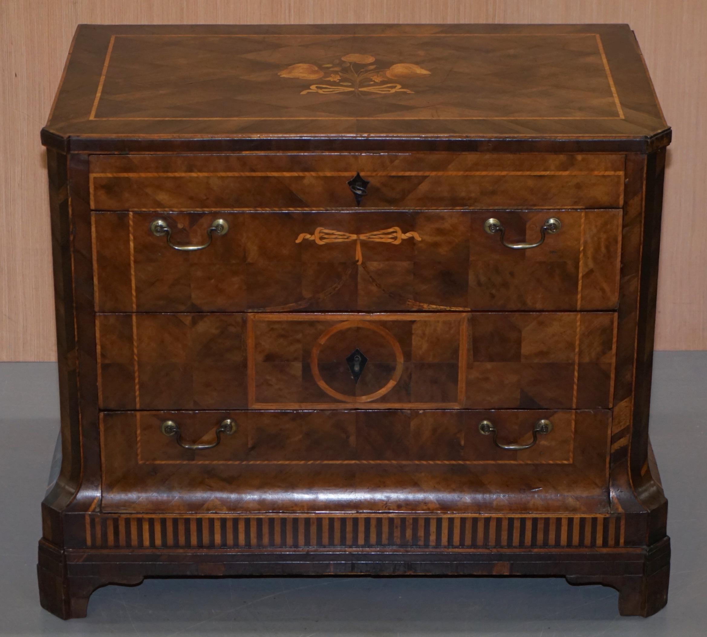 English Rare circa 1780 Continental Parquetry Marquetry Inlaid Commode Chest of Drawers For Sale