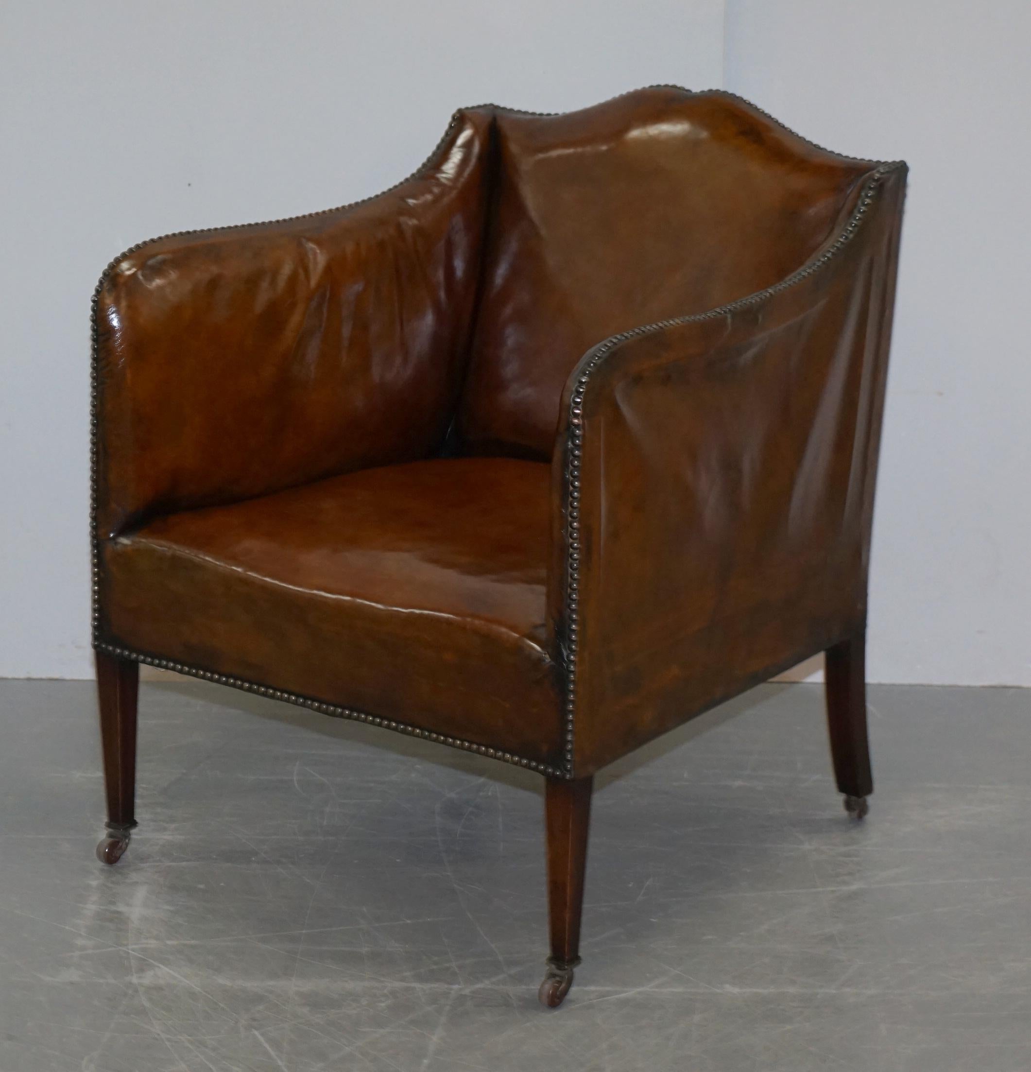 English Rare circa 1780 George III Restored Brown Leather Gentlemans Library Armchair