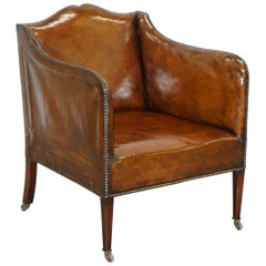 Rare circa 1780 George III Restored Brown Leather Gentlemans Library Armchair