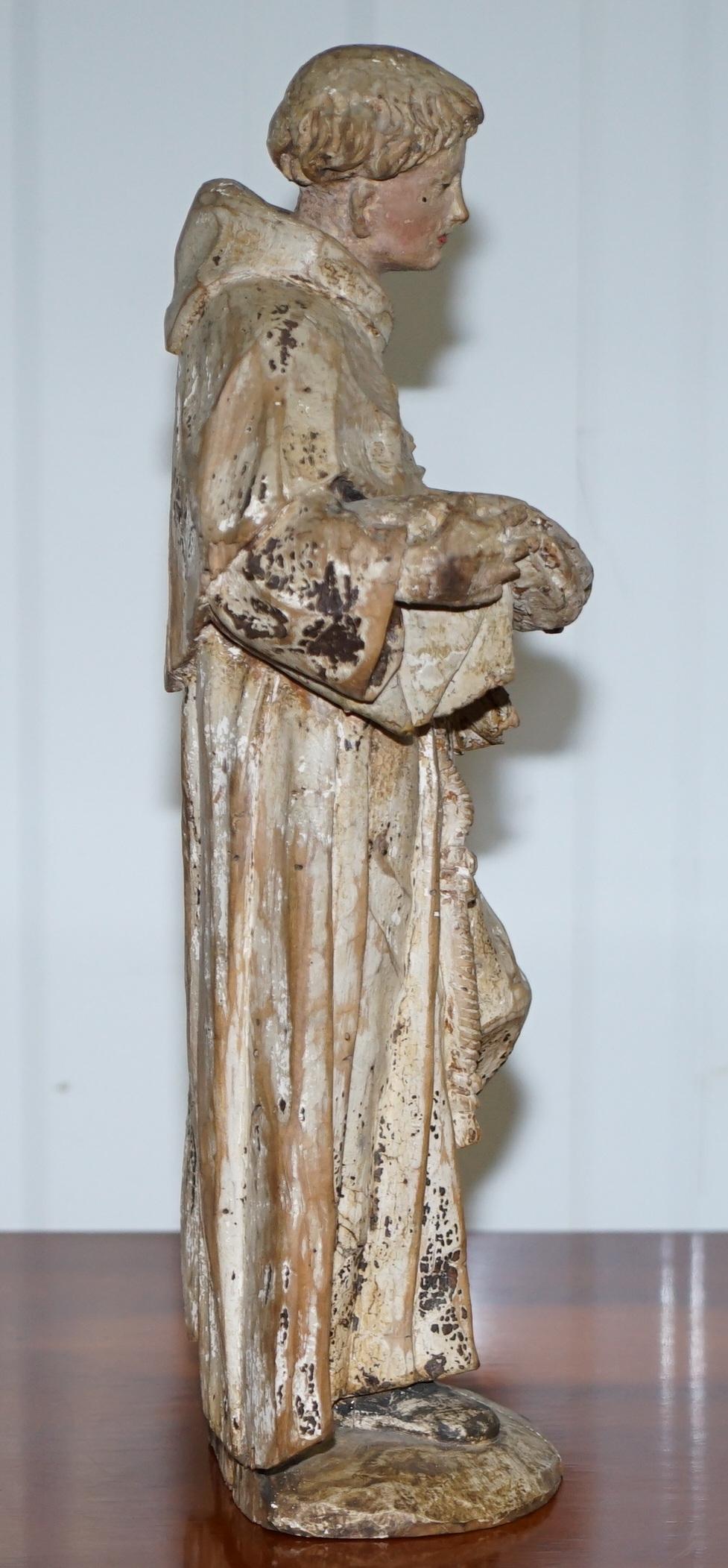 Rare circa 1800 Italian Hand Carved Lime Wood Statue of Saint Anthony of Padua 5
