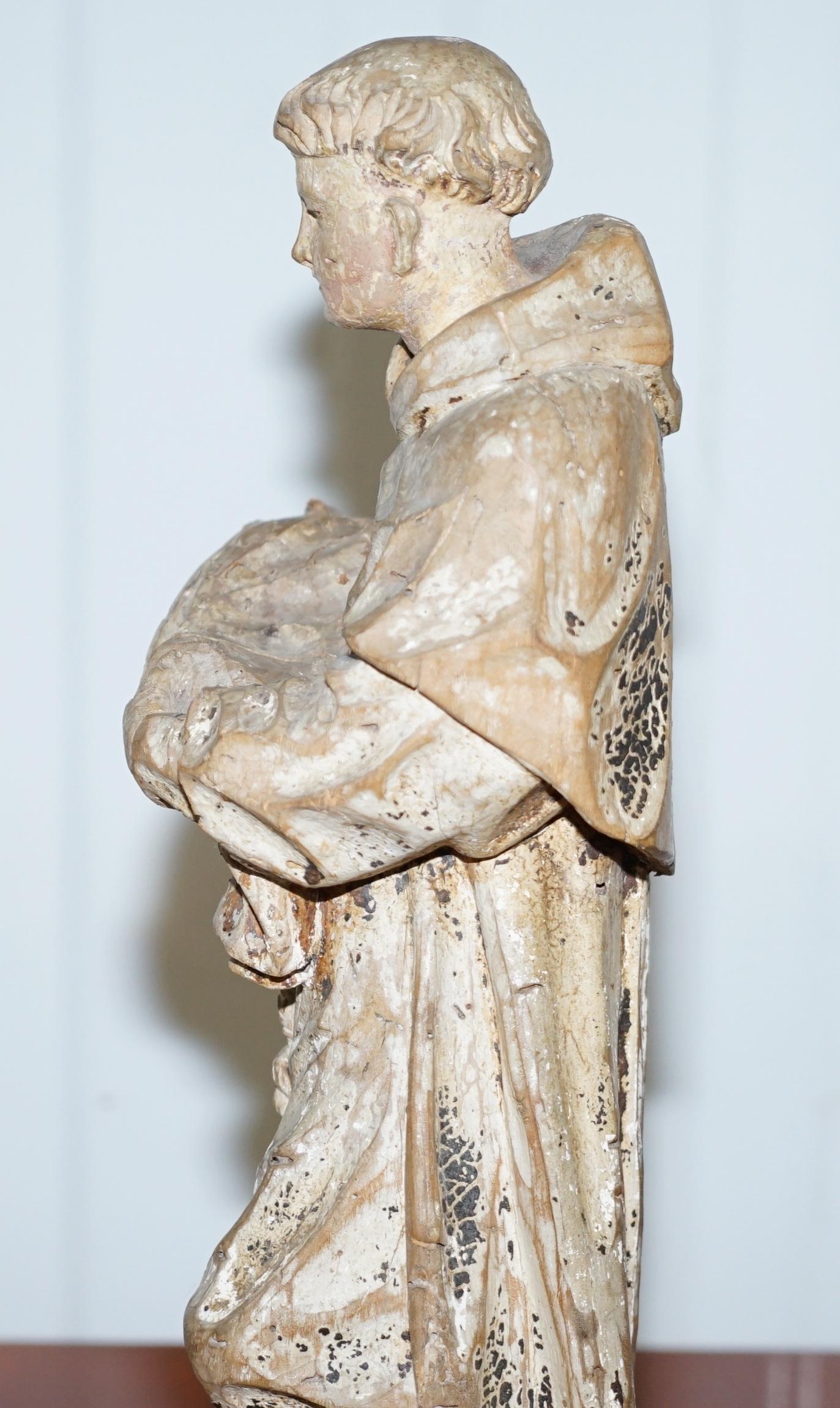 Rare circa 1800 Italian Hand Carved Lime Wood Statue of Saint Anthony of Padua 10