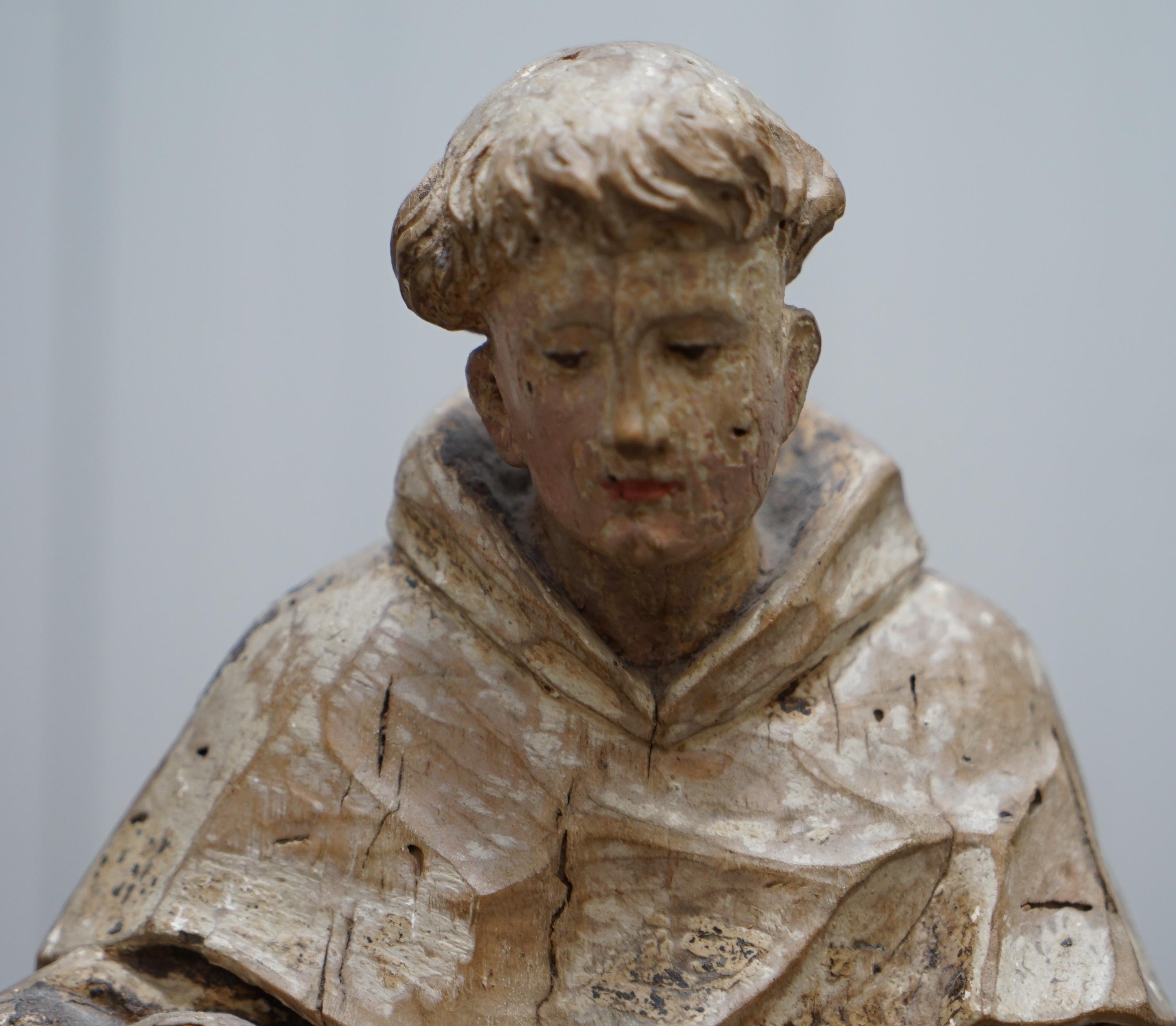 Bois Statue italienne de Saint Antoine de Padoue en bois de tilleul:: sculptée à la main:: datant d'environ 1800